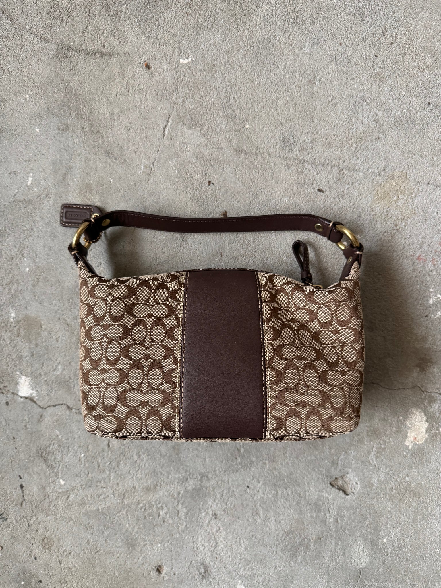 Coach Signature Mini Hobo Striped Leather Shoulder Bag Beige/Brown