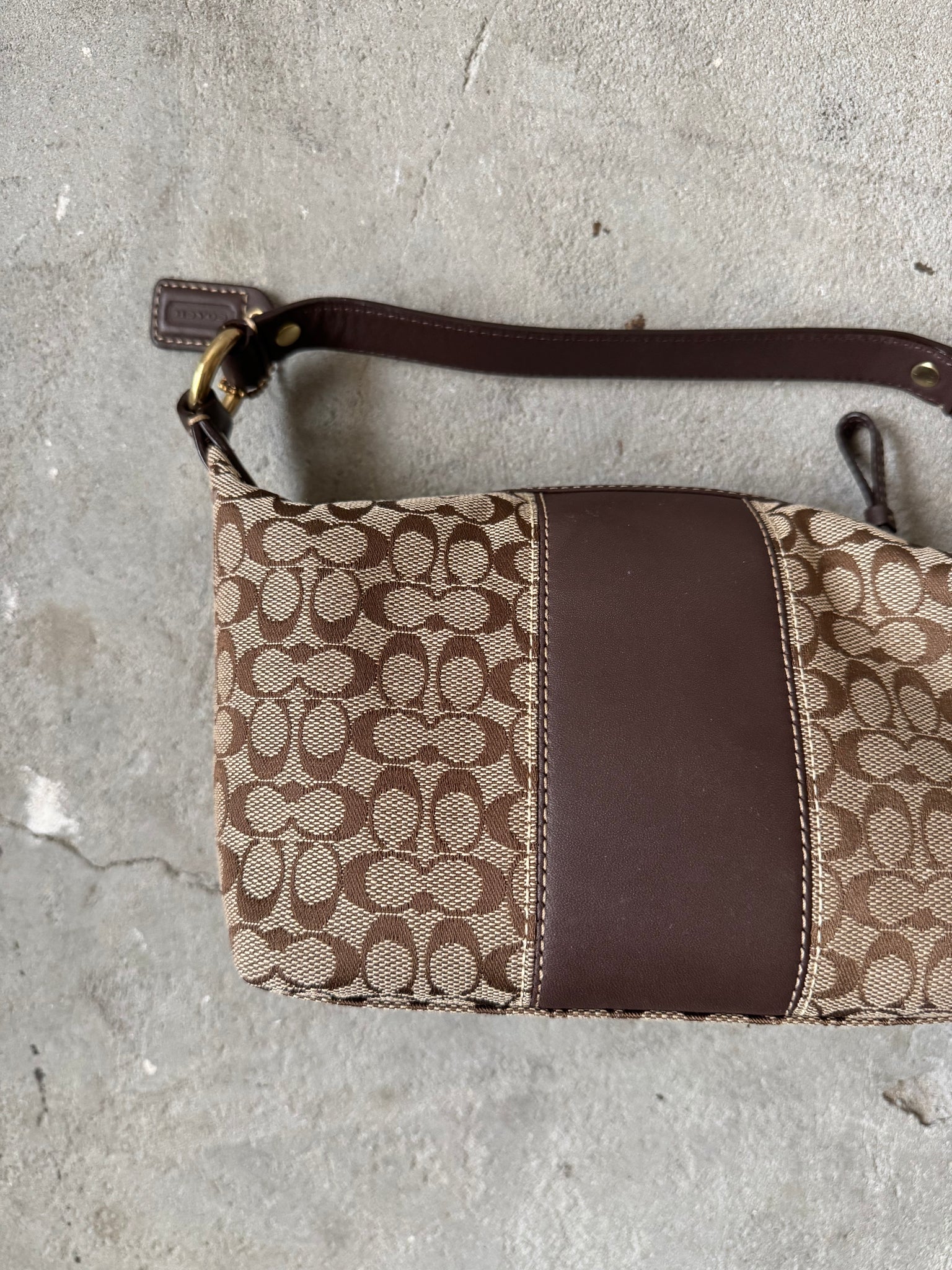 Coach Signature Mini Hobo Striped Leather Shoulder Bag Beige/Brown