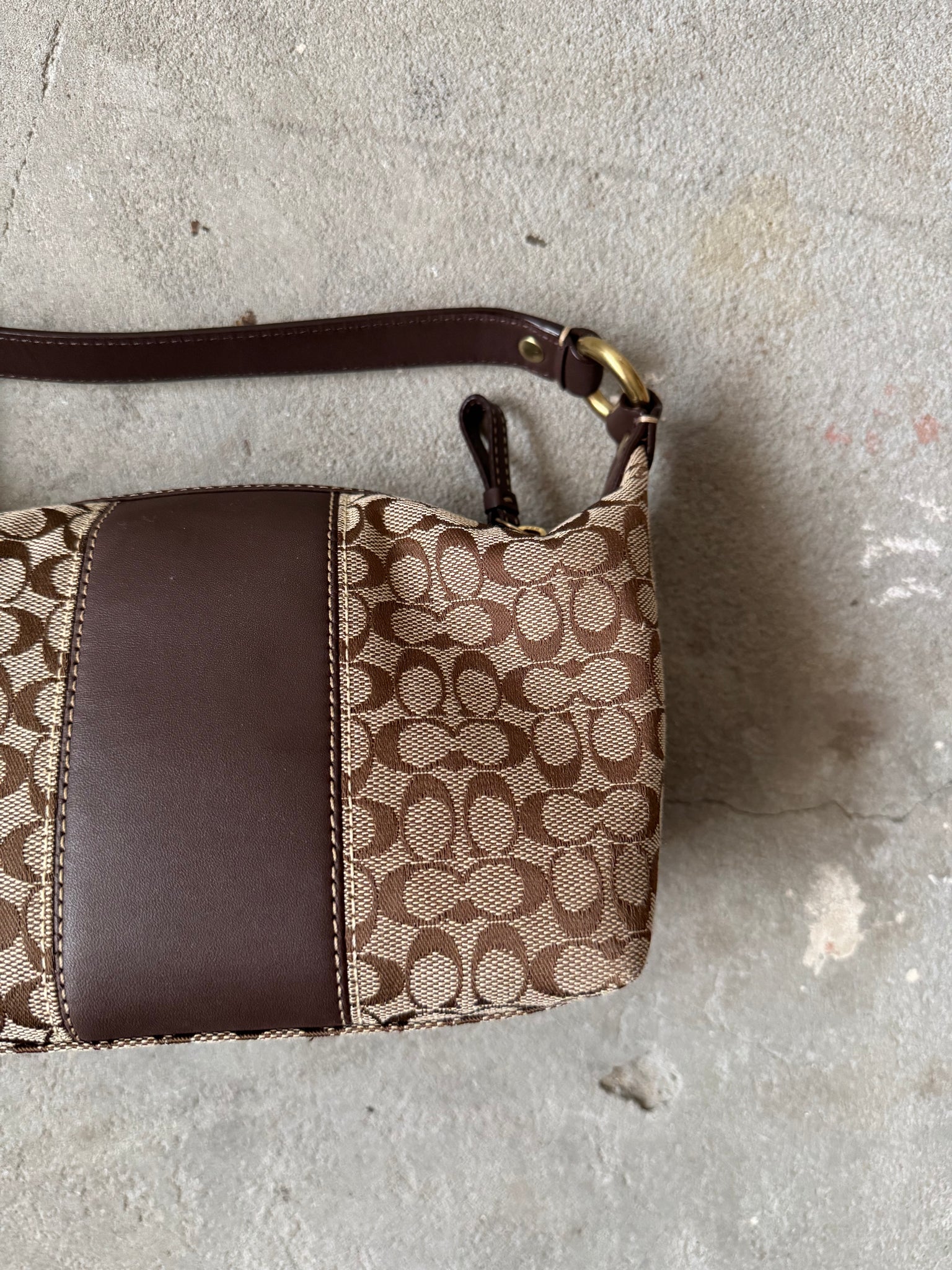 Coach Signature Mini Hobo Striped Leather Shoulder Bag Beige/Brown