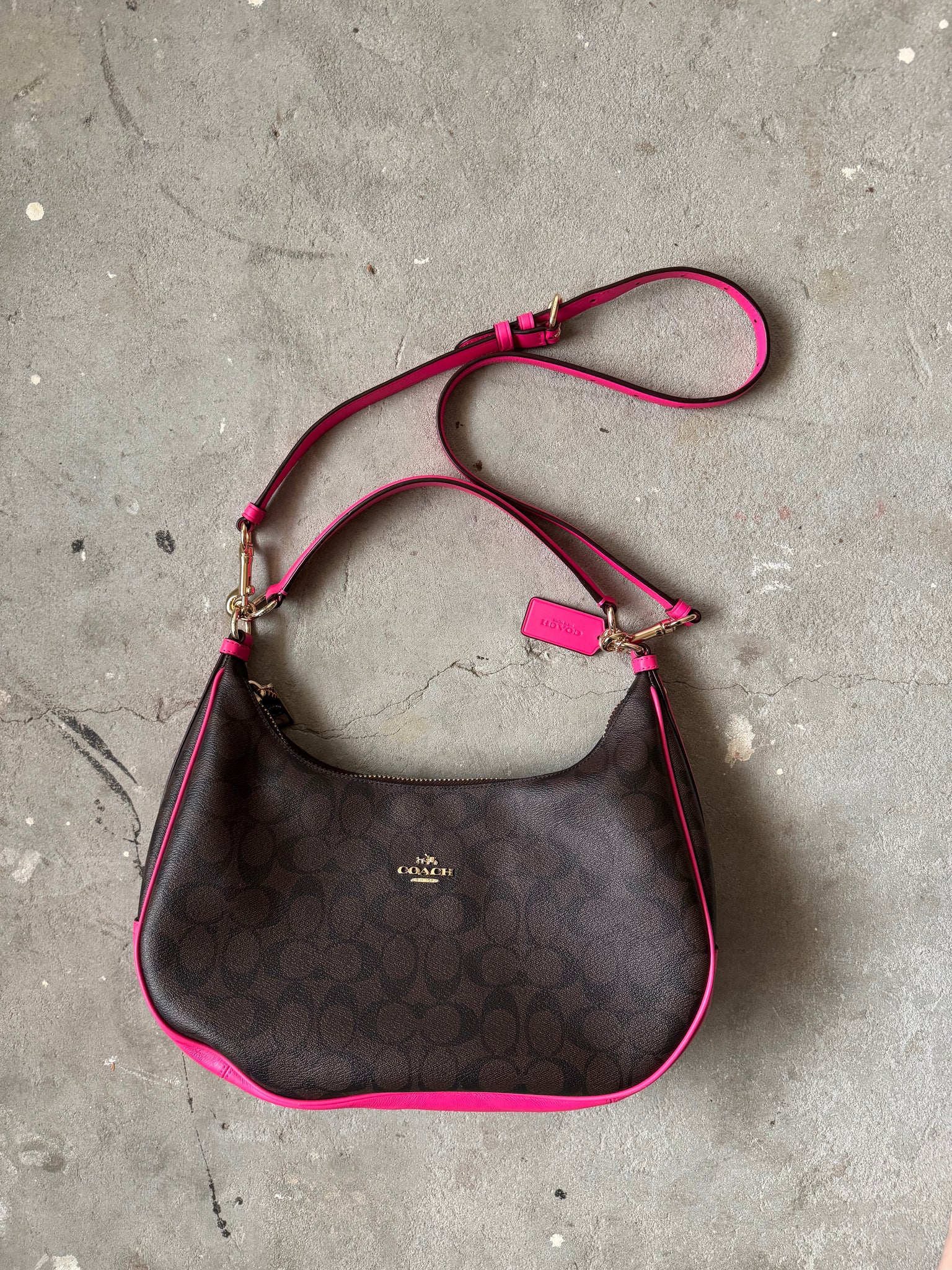 Coach 2Way Signature Hobo Canvas Shoulder Bag Brown/Pink