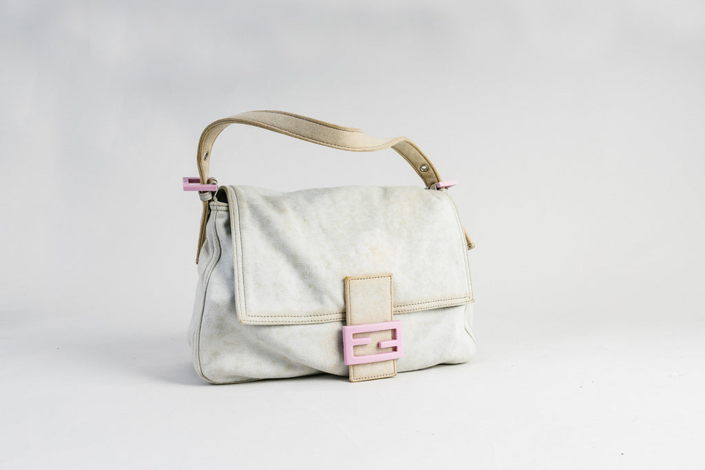 Fendi Mamma Baguette Shoulder Bag Canvas Grey Pink