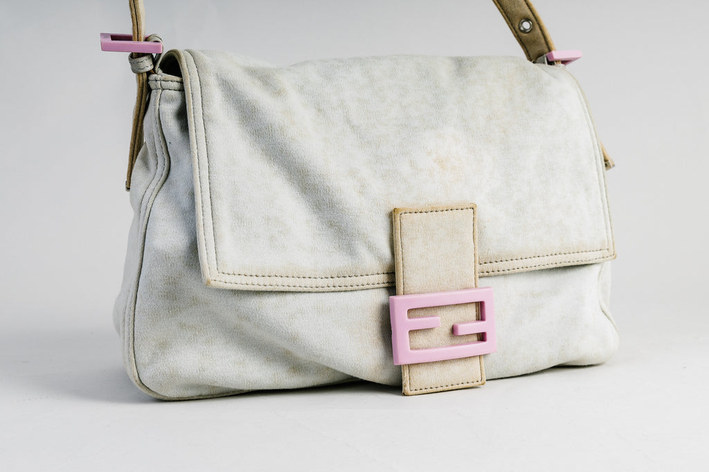 Fendi Mamma Baguette Shoulder Bag Canvas Grey Pink