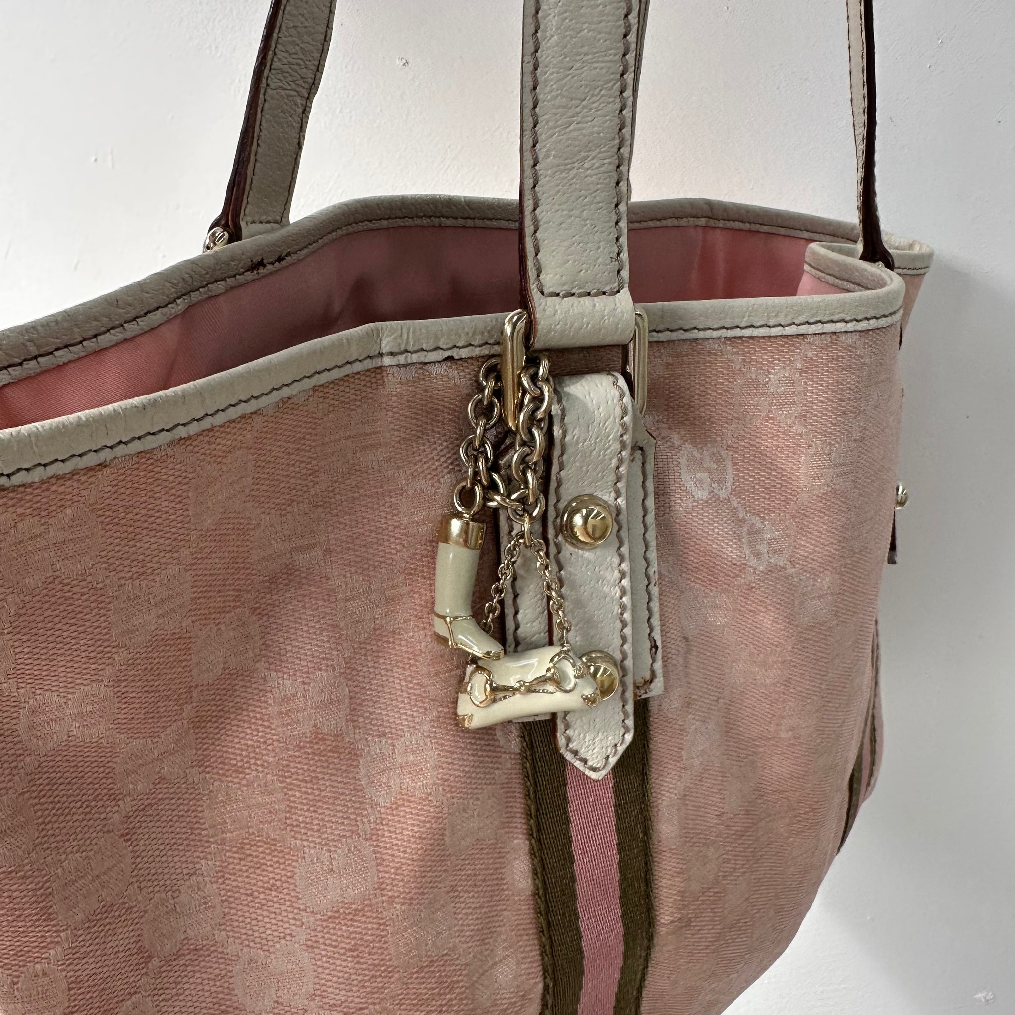 Gucci Stripe Cage Hand Bag Canvas Pink