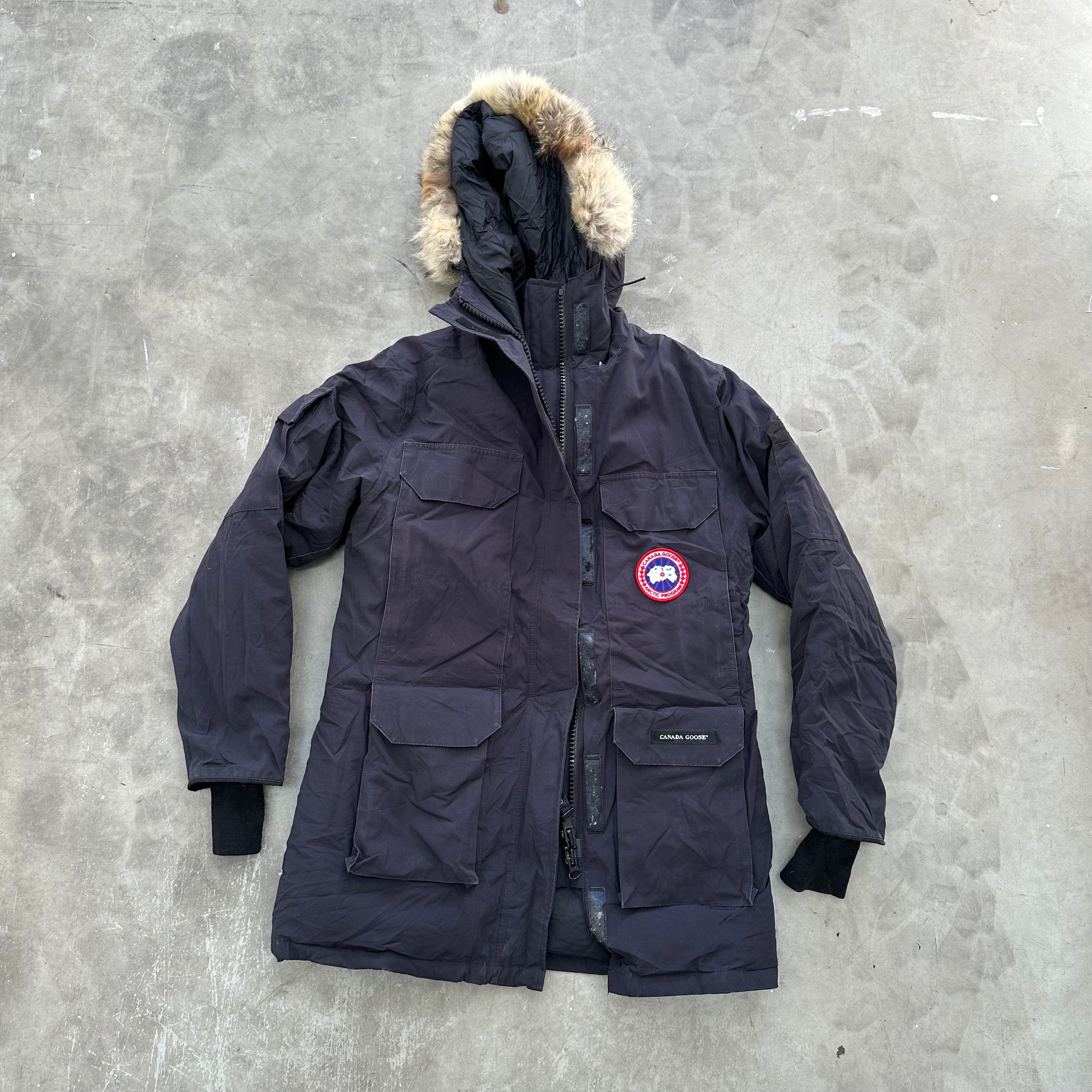 Canada Goose Expedition Logo-Patch Detailed Fur Parka Navy Jacket Size XS