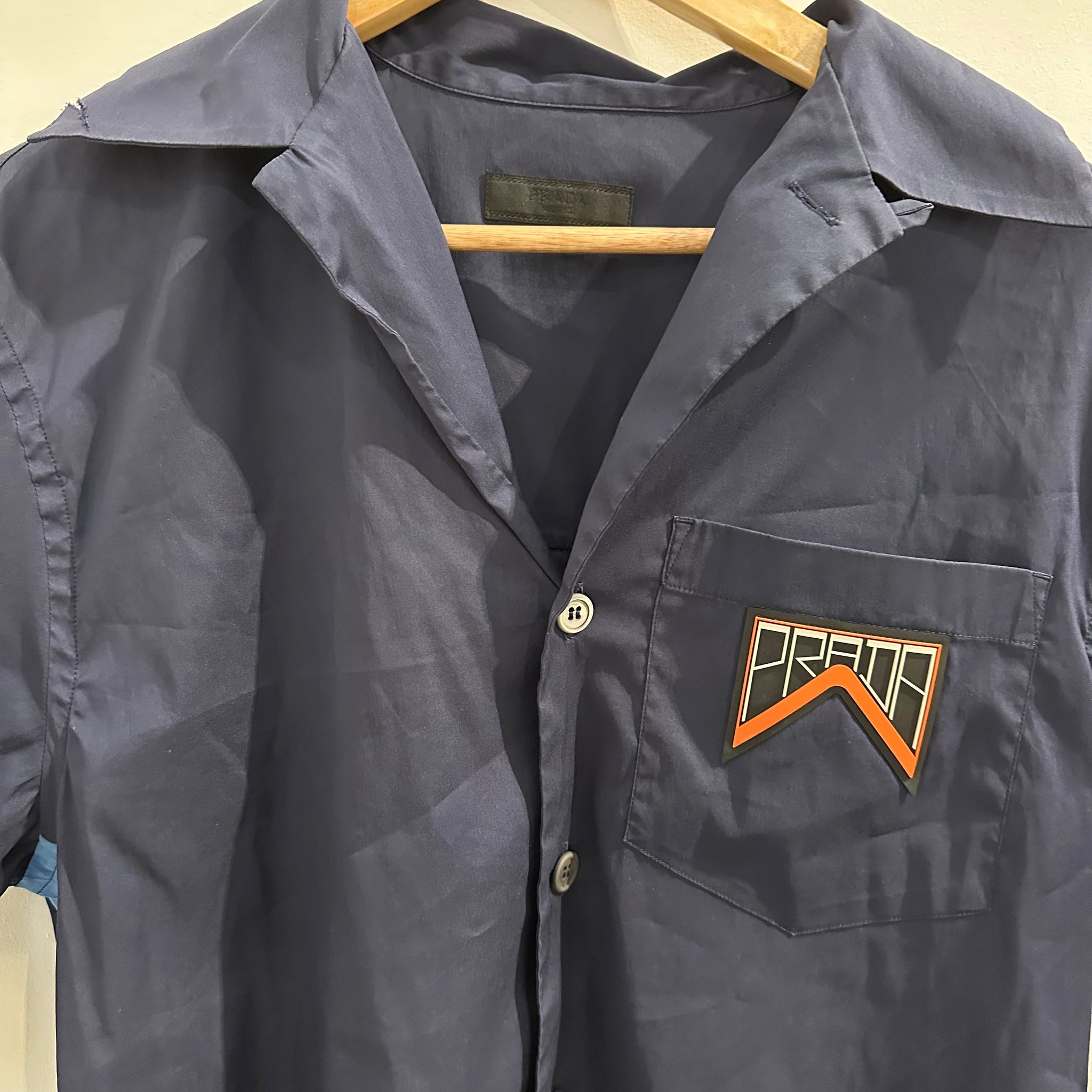 Prada Two Tone Blue Logo Button Shirt Size XS Fits M-L