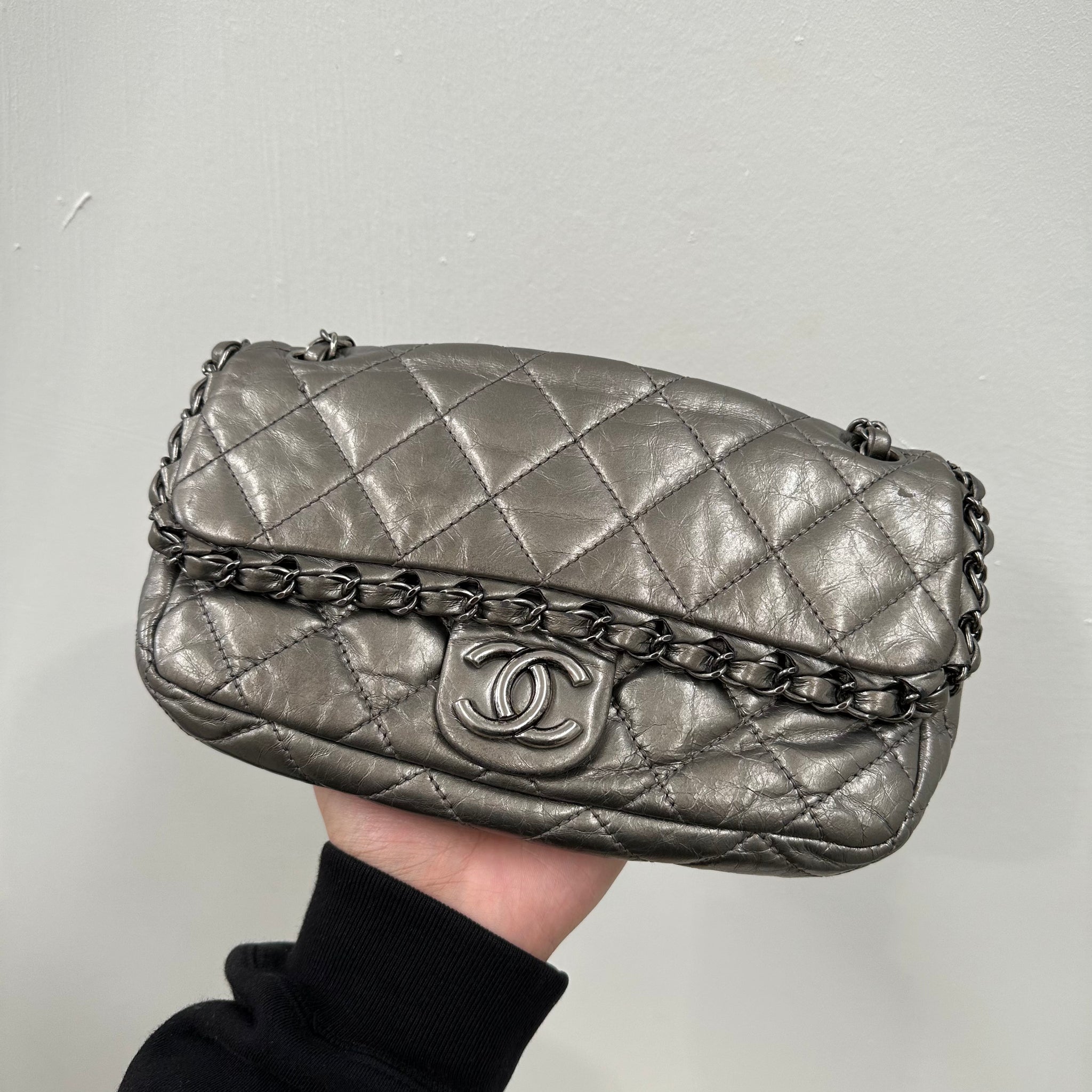Chanel Grey Quilted Leather Chain Around Flap Bag