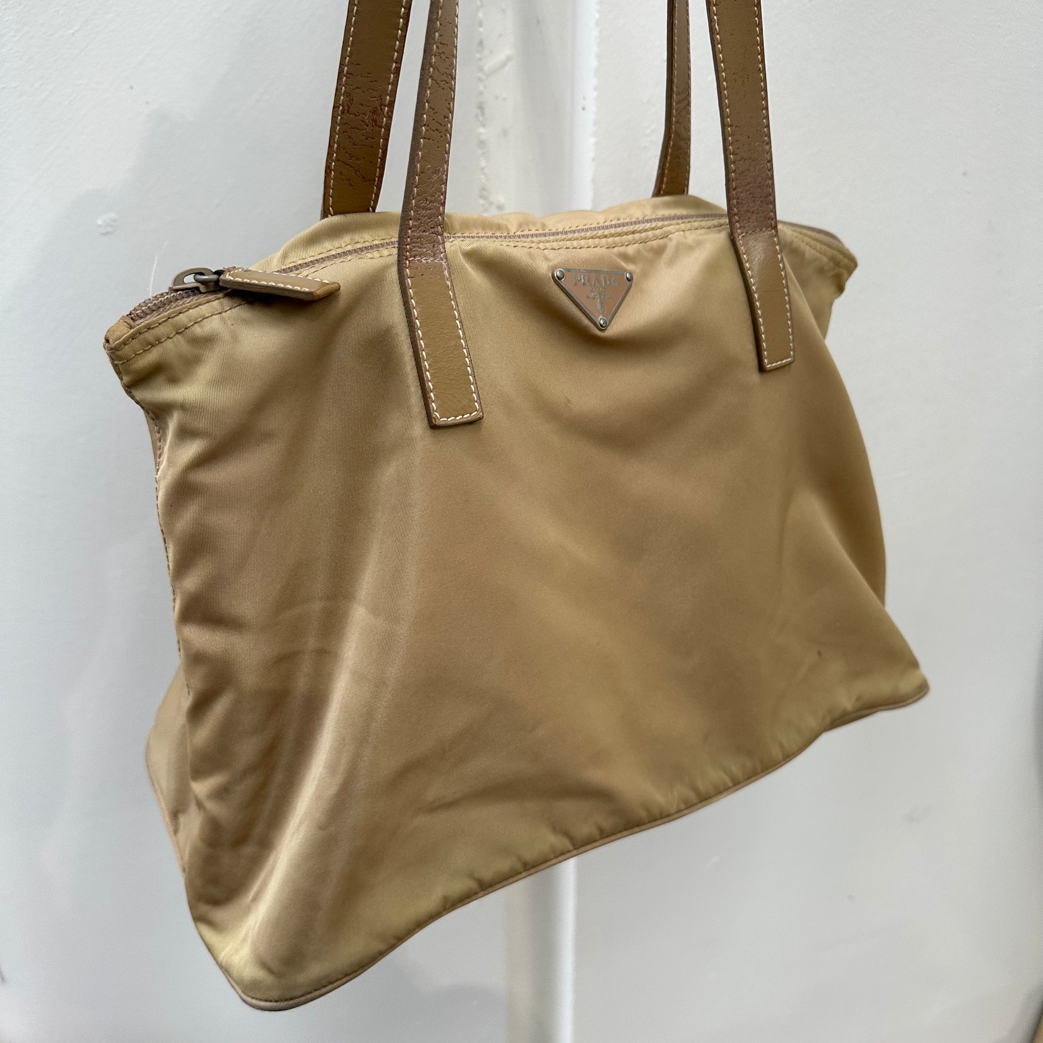 Prada Leather Strap Beige Tote Bag