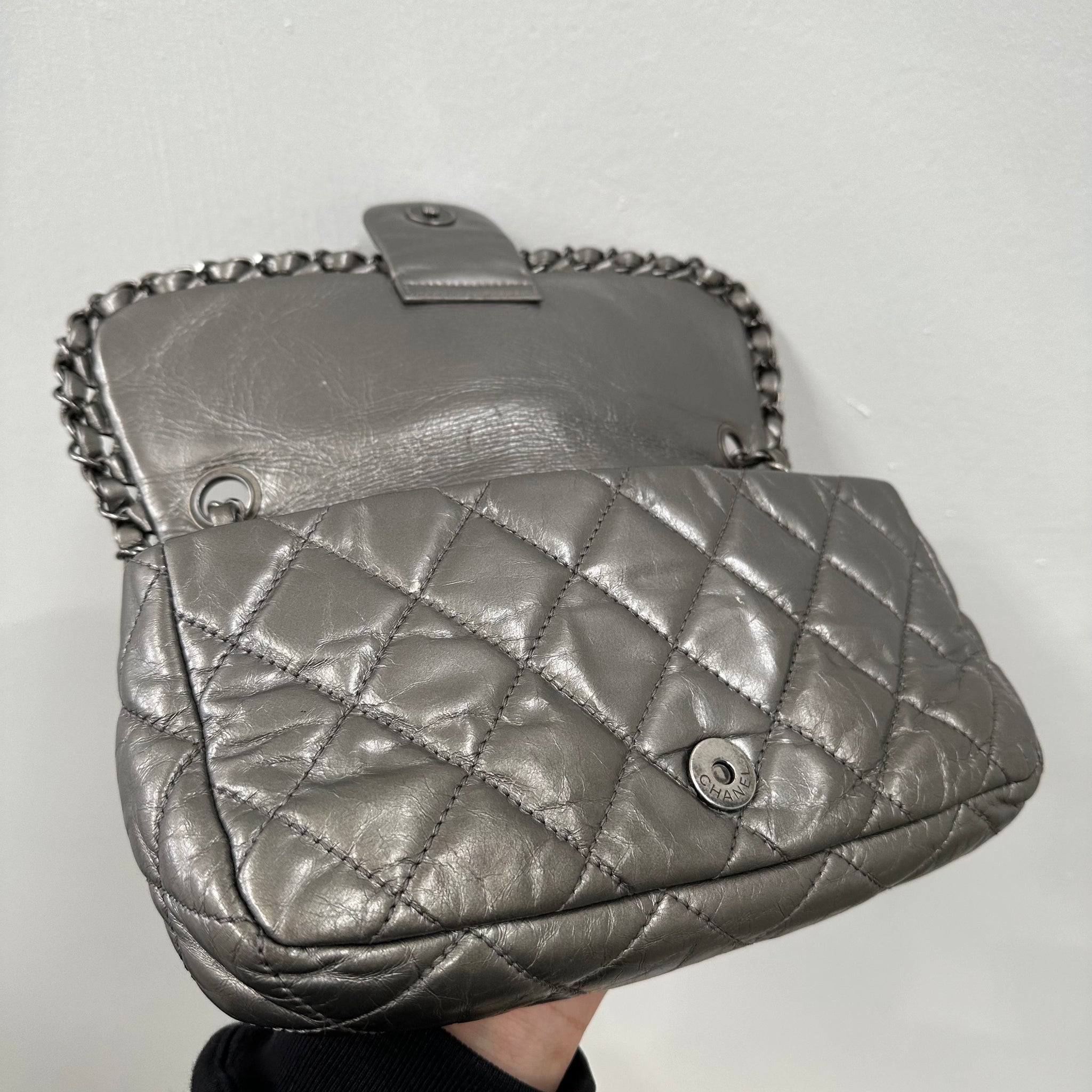 Chanel Grey Quilted Leather Chain Around Flap Bag