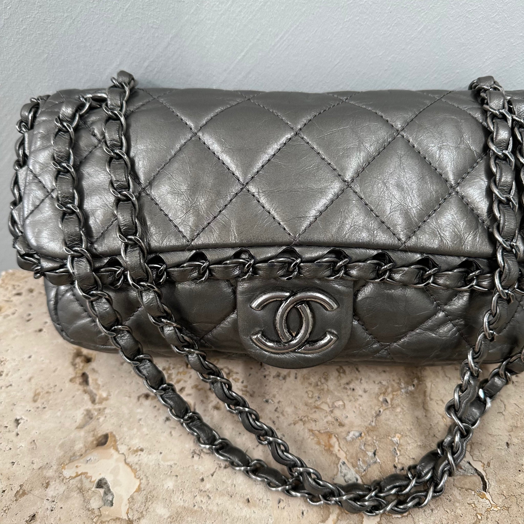 Chanel Grey Quilted Leather Chain Around Flap Bag