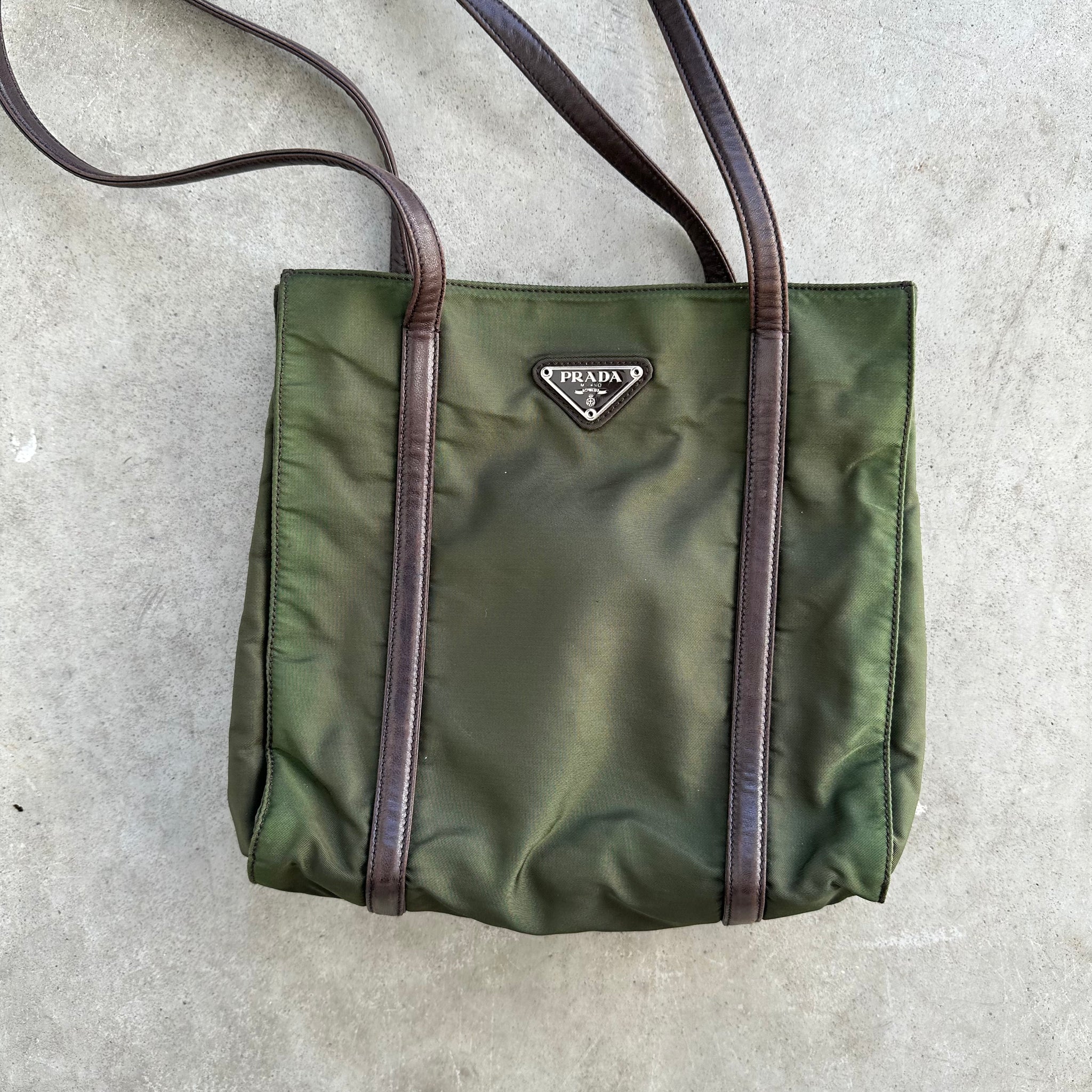 Prada Leather Strap Rectangle Tote Bag Nylon Khaki