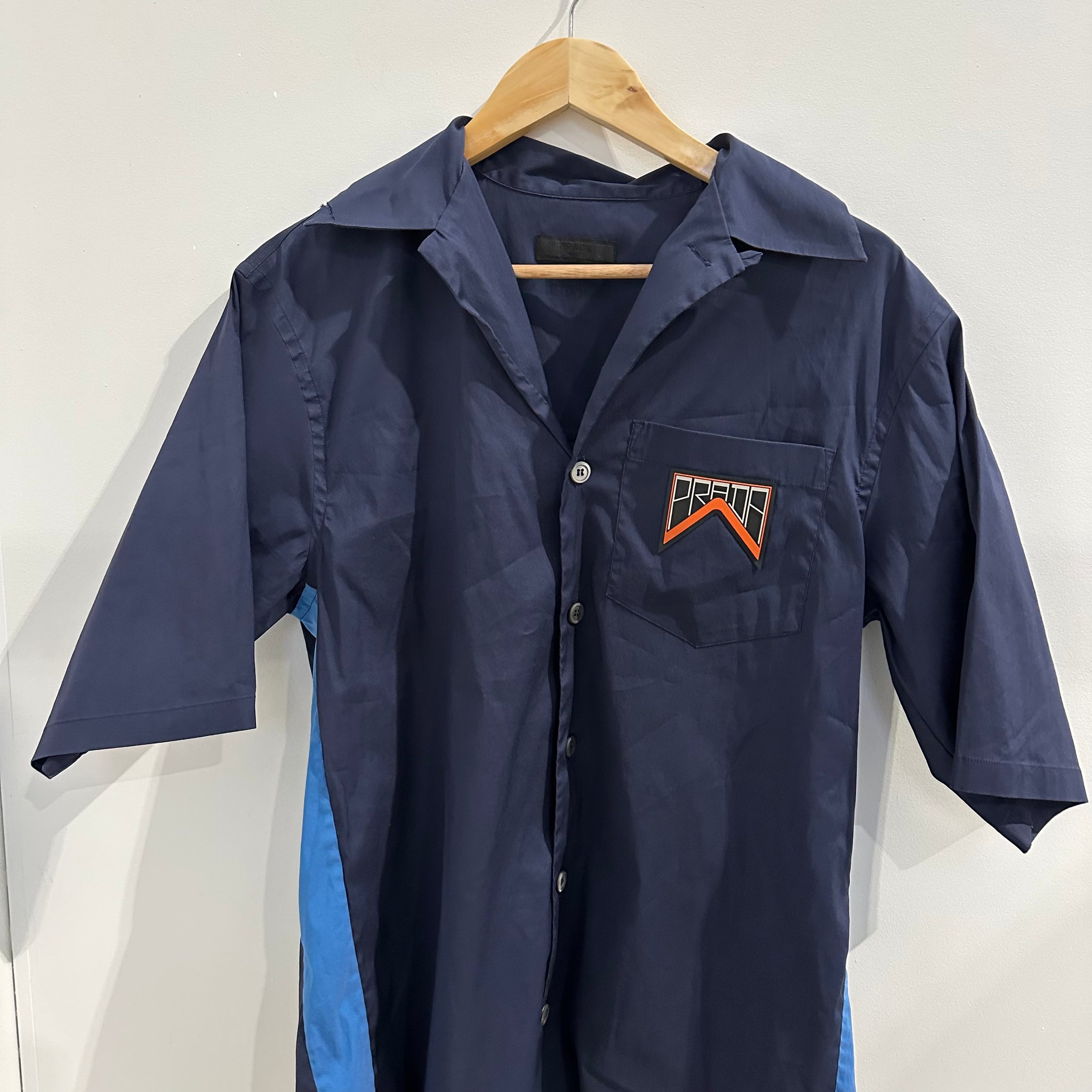 Prada Two Tone Blue Logo Button Shirt Size XS Fits M-L