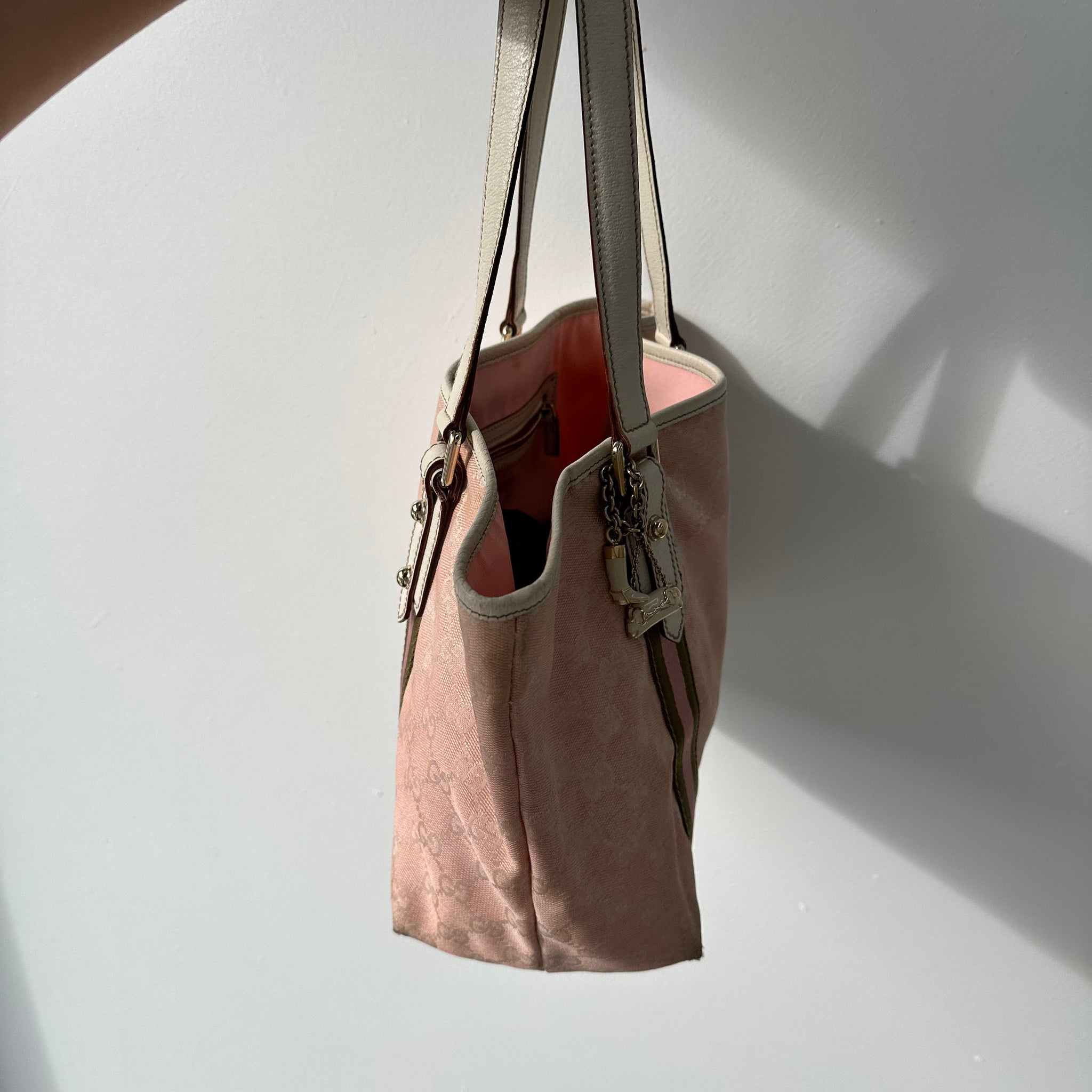 Gucci Stripe Cage Hand Bag Canvas Pink