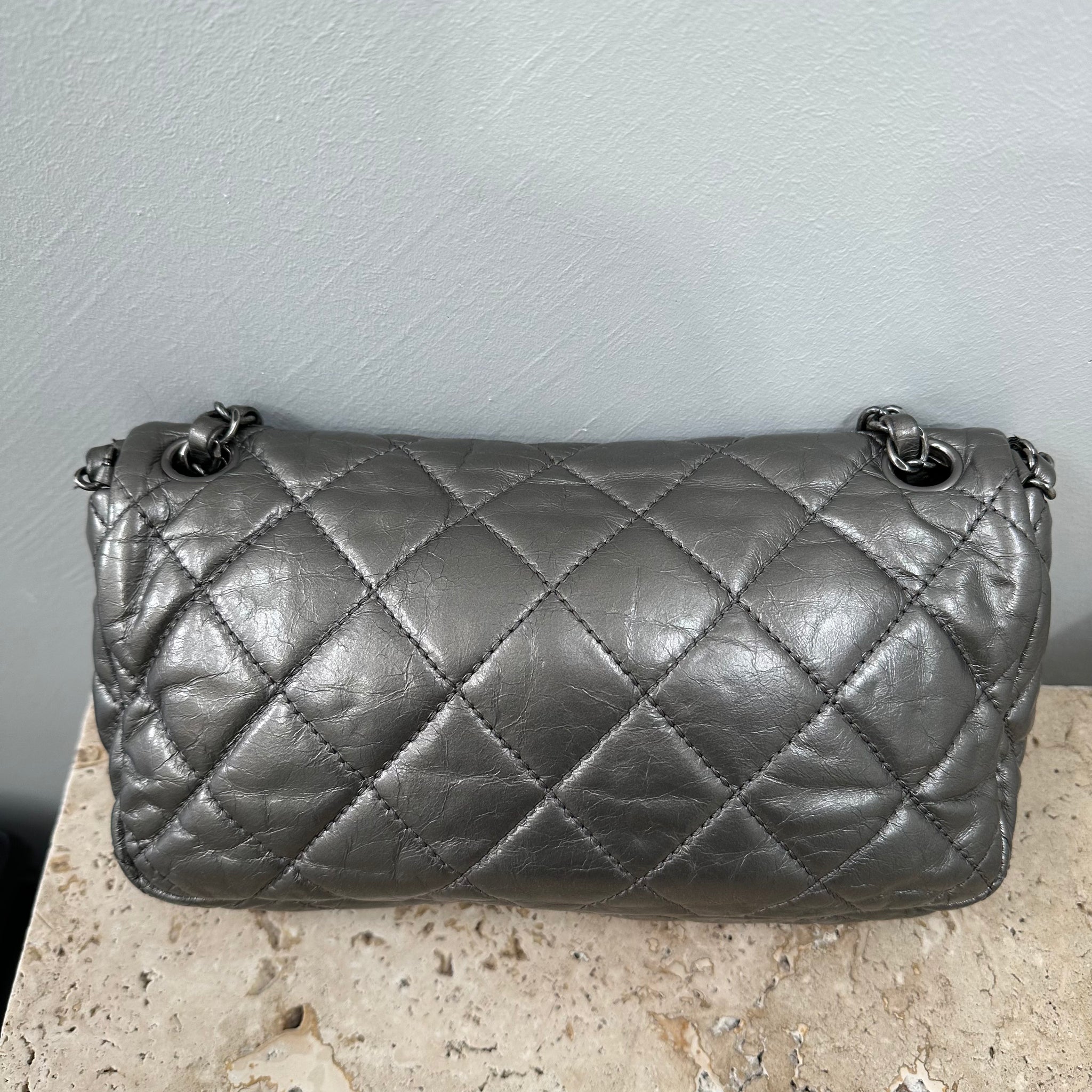 Chanel Grey Quilted Leather Chain Around Flap Bag