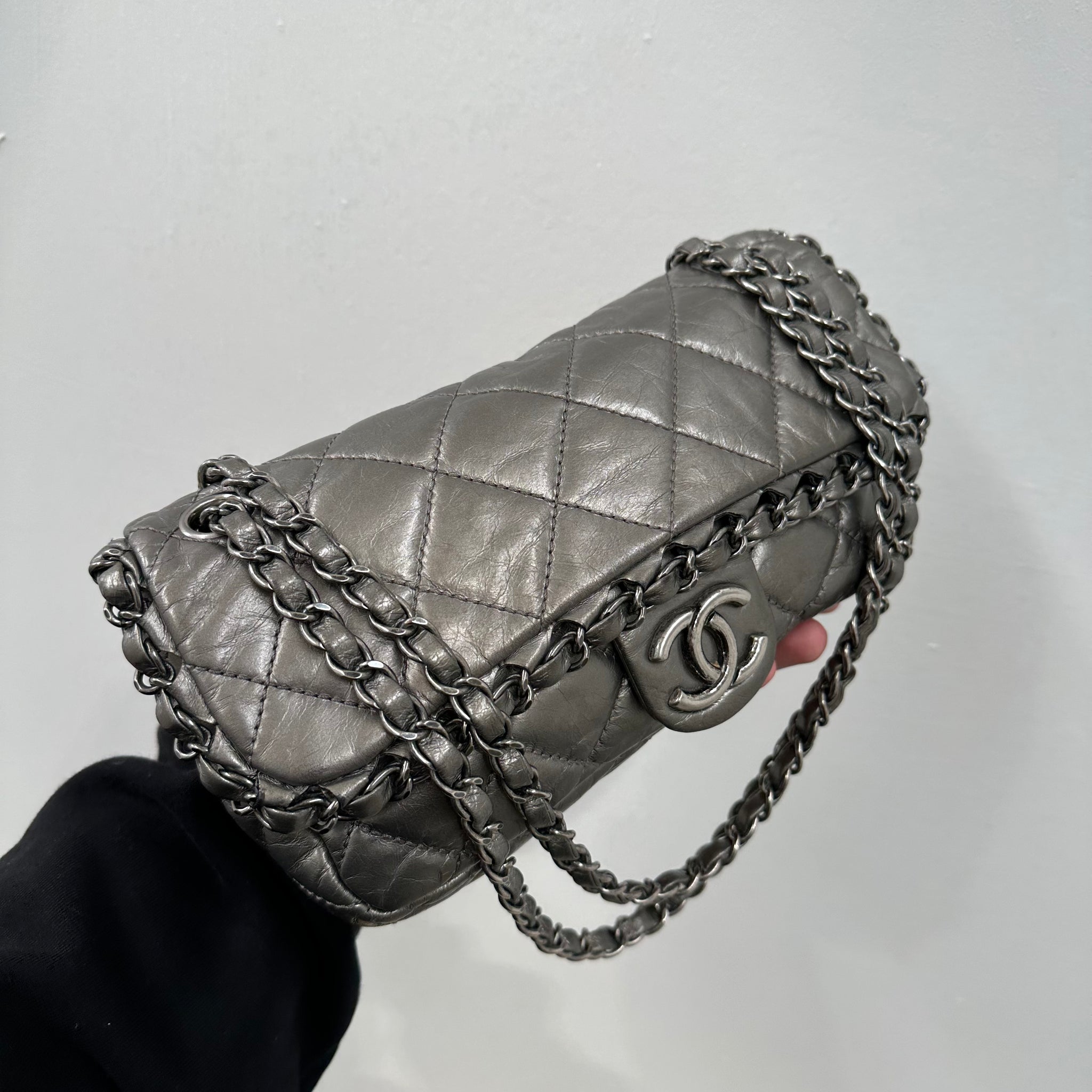Chanel Grey Quilted Leather Chain Around Flap Bag