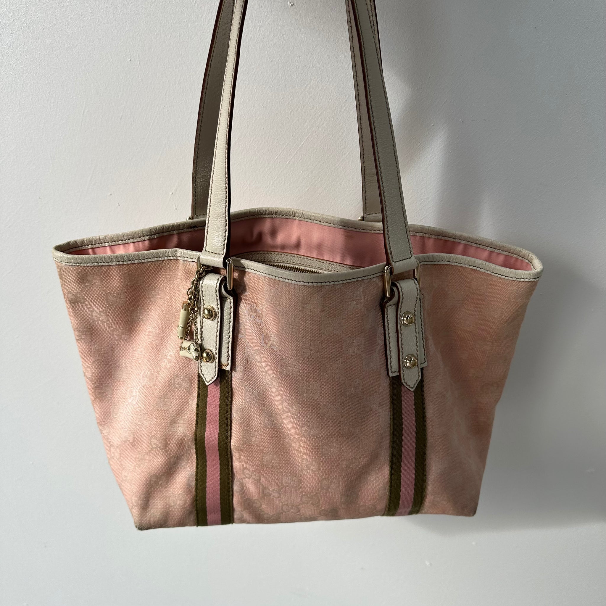 Gucci Stripe Cage Hand Bag Canvas Pink
