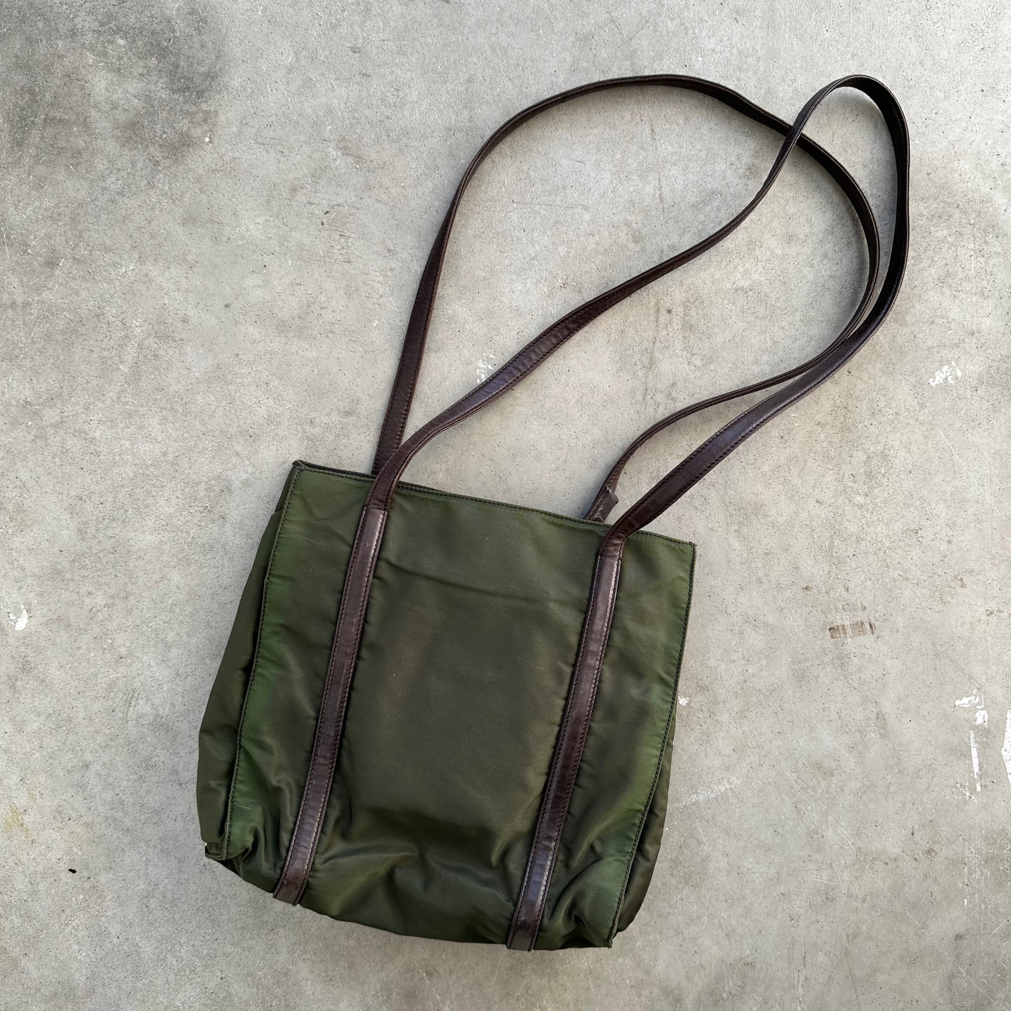 Prada Leather Strap Rectangle Tote Bag Nylon Khaki