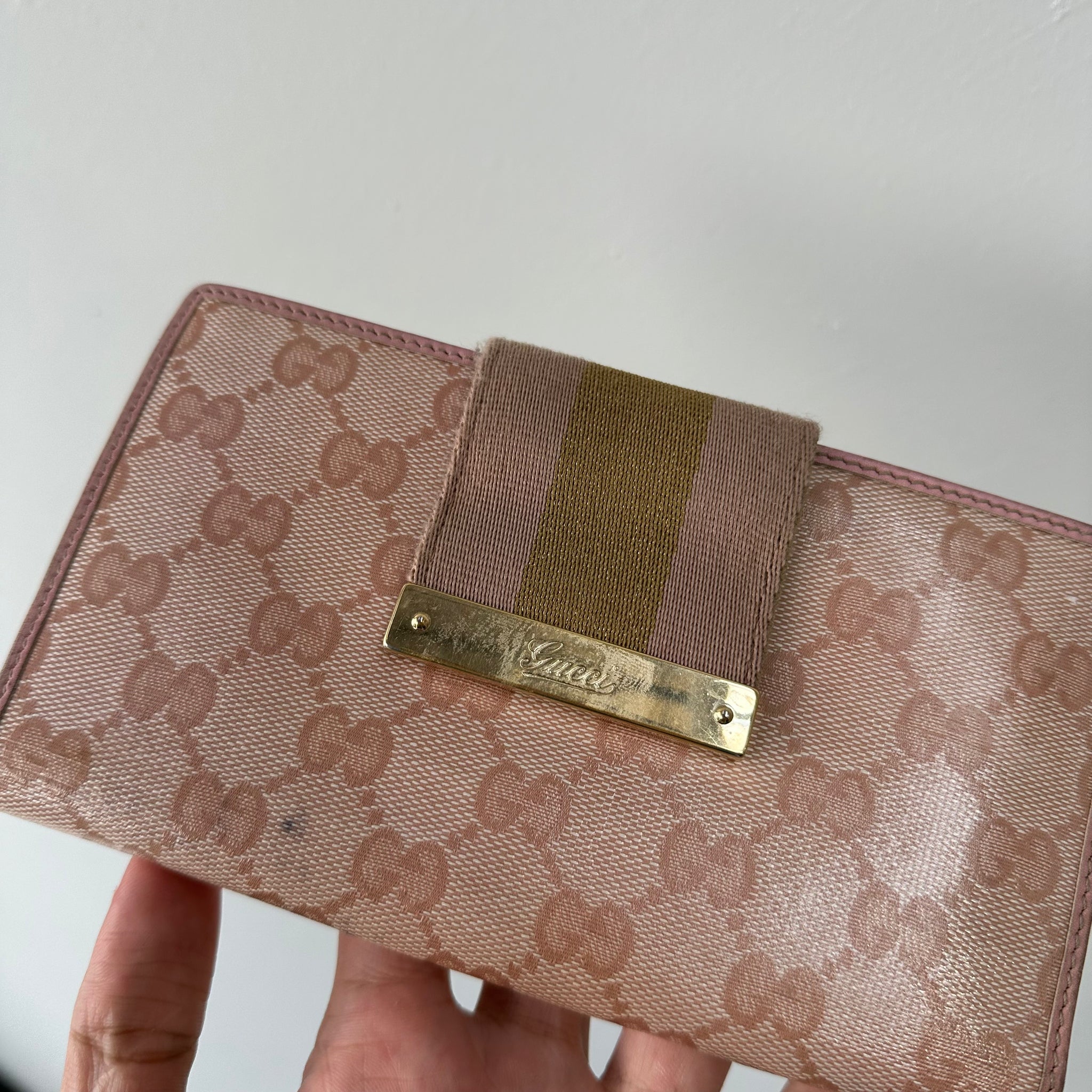 Gucci GG Logo Pink Canvas Leather Long Bifold Wallet