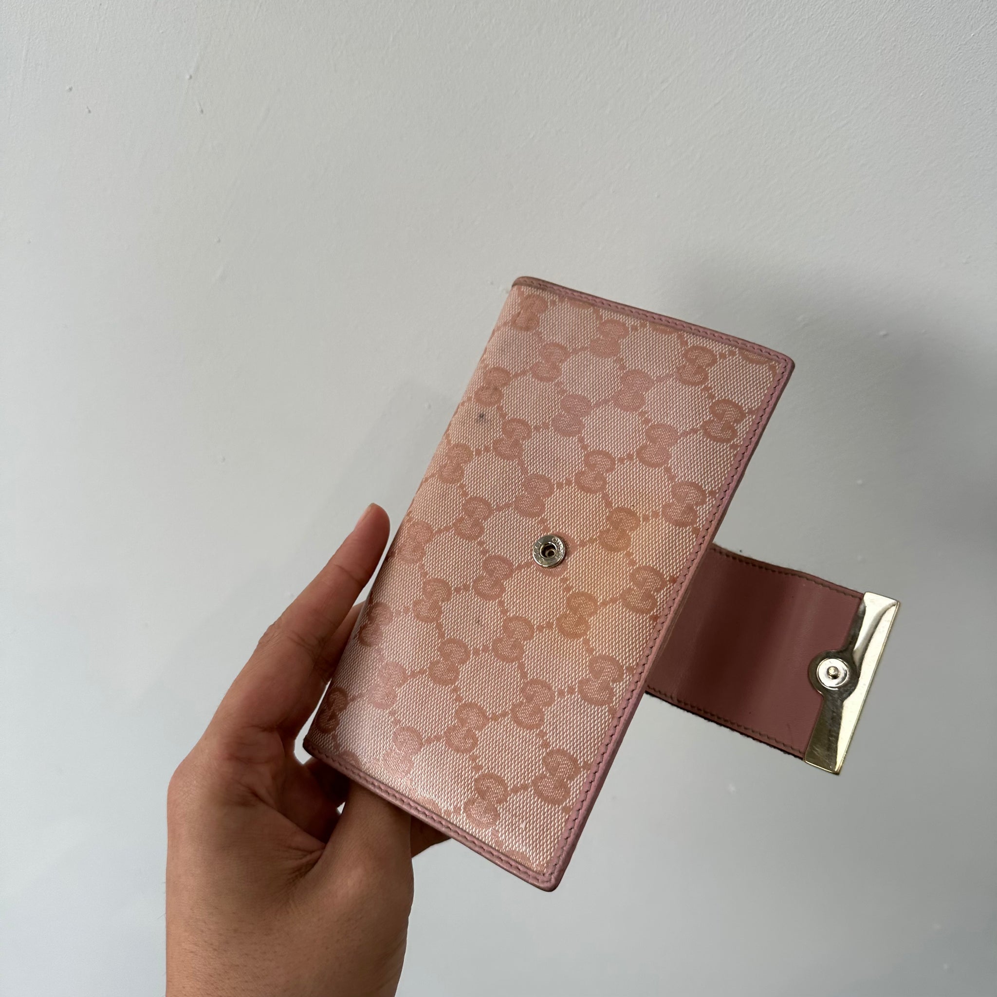 Gucci GG Logo Pink Canvas Leather Long Bifold Wallet