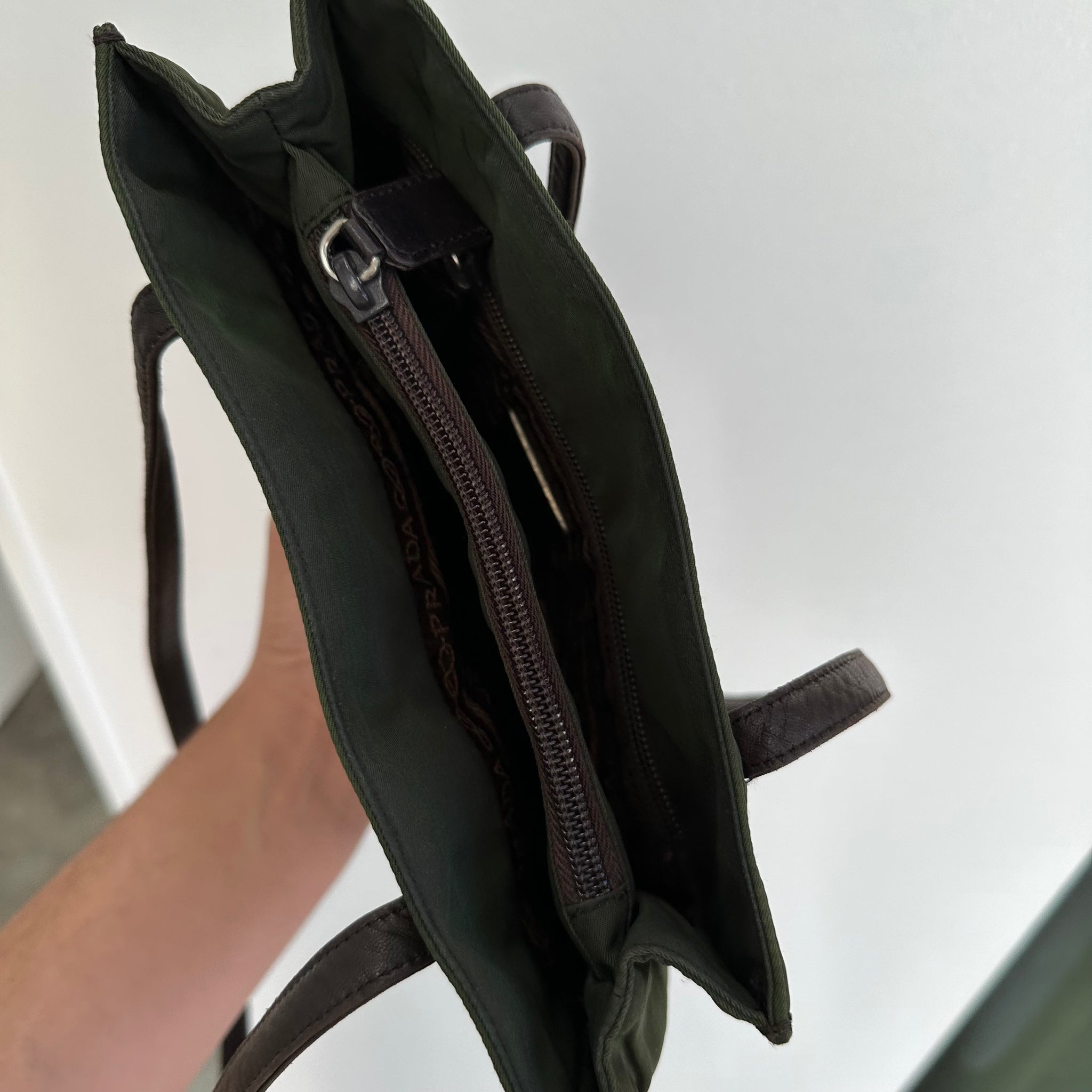 Prada Leather Strap Rectangle Tote Bag Nylon Khaki