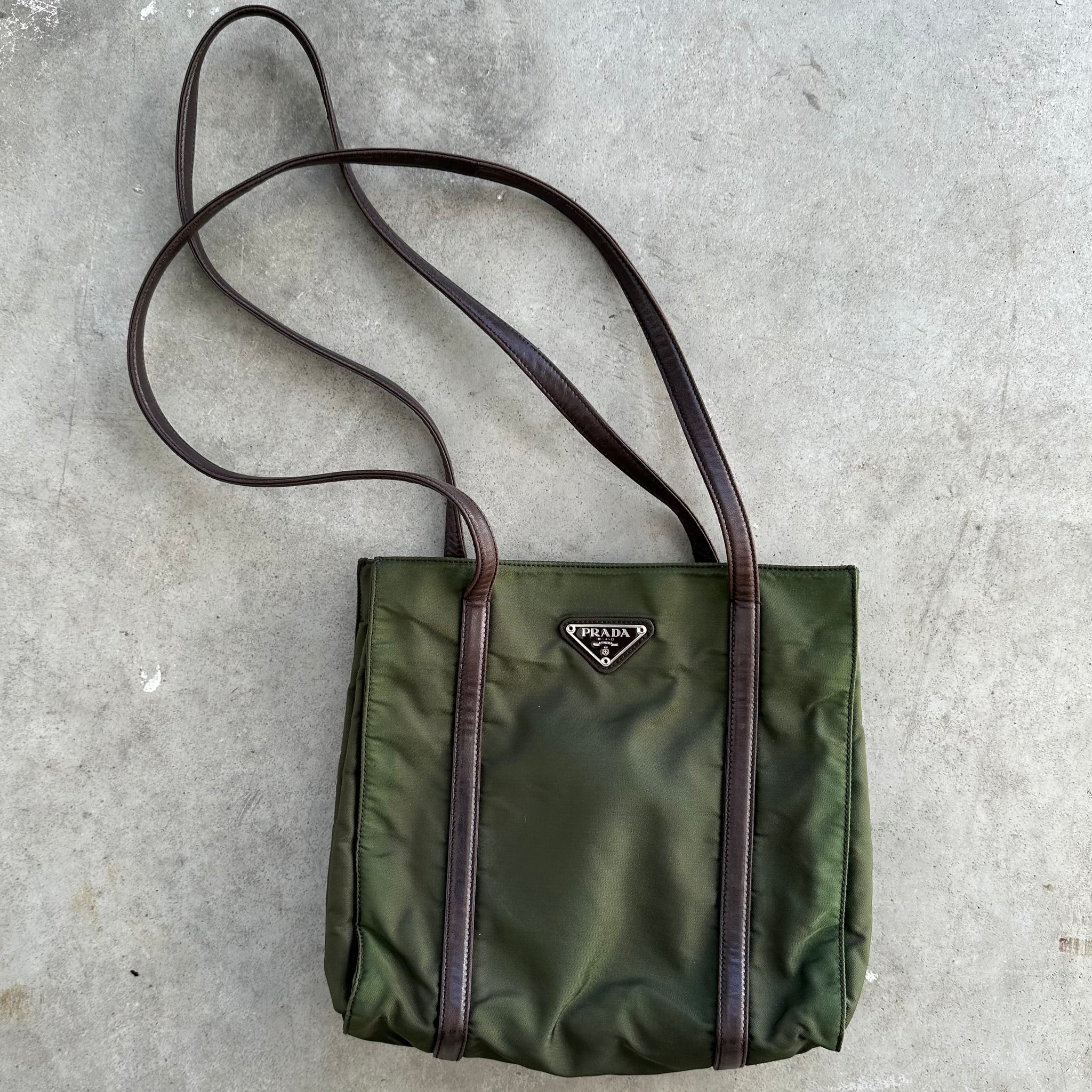 Prada Leather Strap Rectangle Tote Bag Nylon Khaki