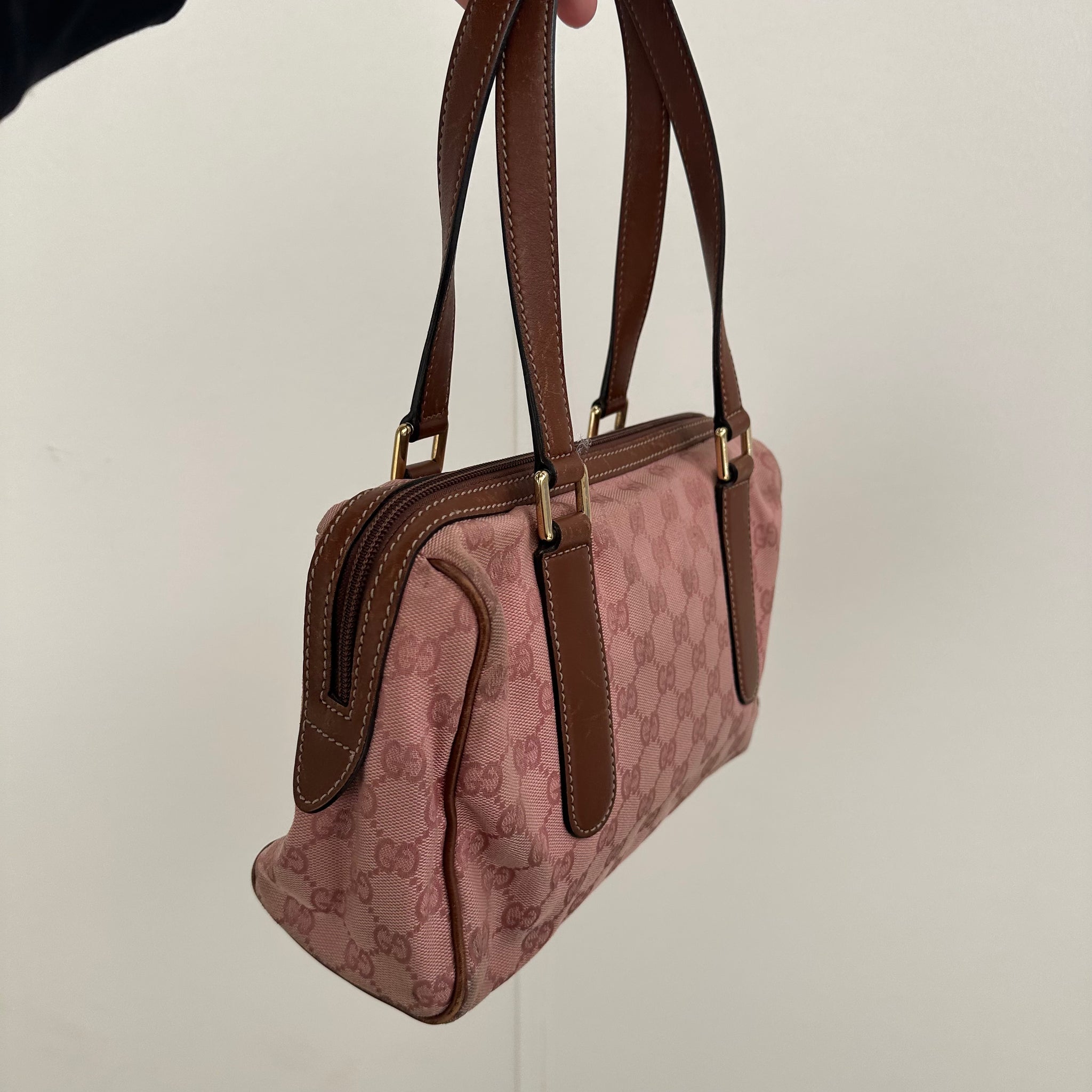 Gucci Pink / Brown GG Print Leather Strap Shoulder Bag