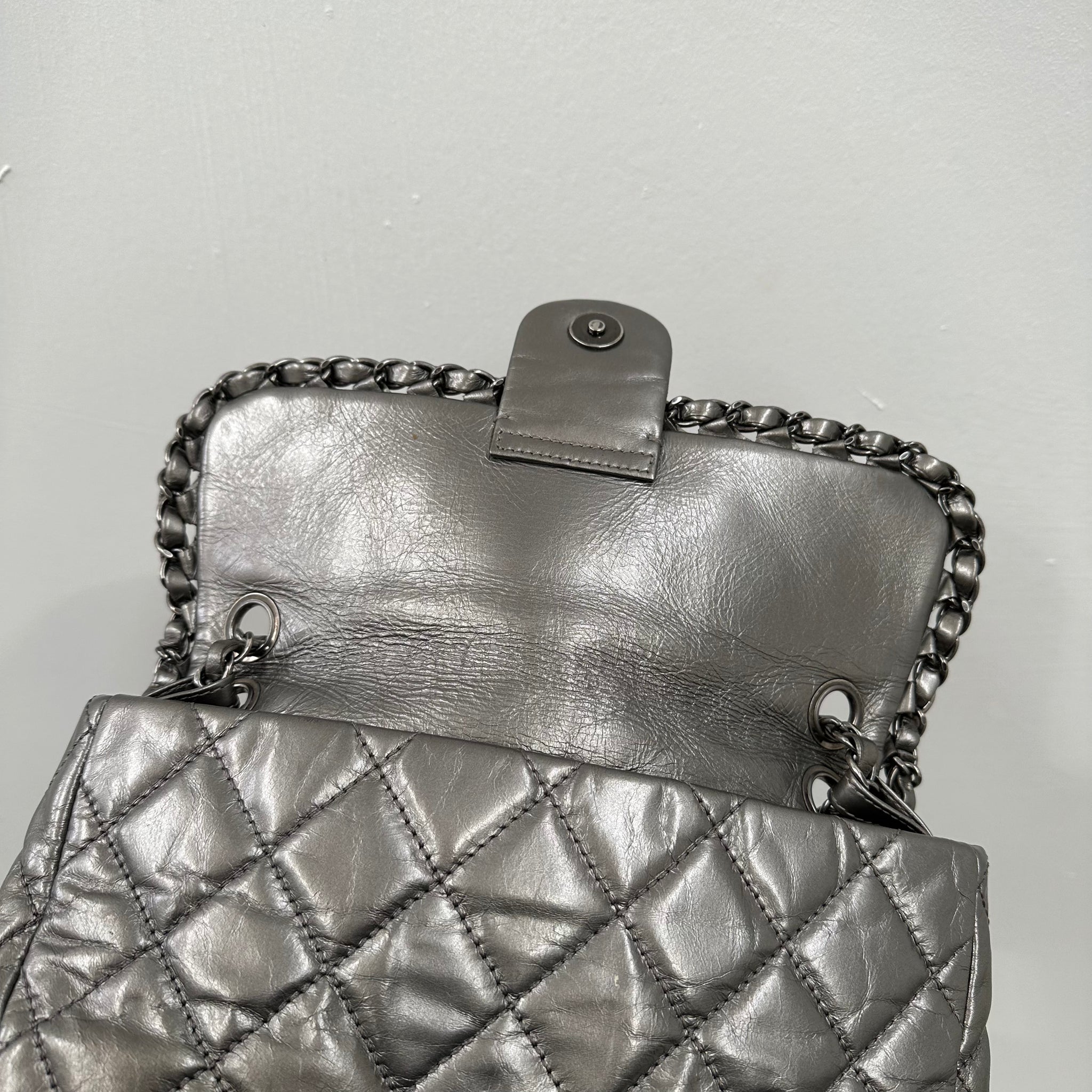 Chanel Grey Quilted Leather Chain Around Flap Bag