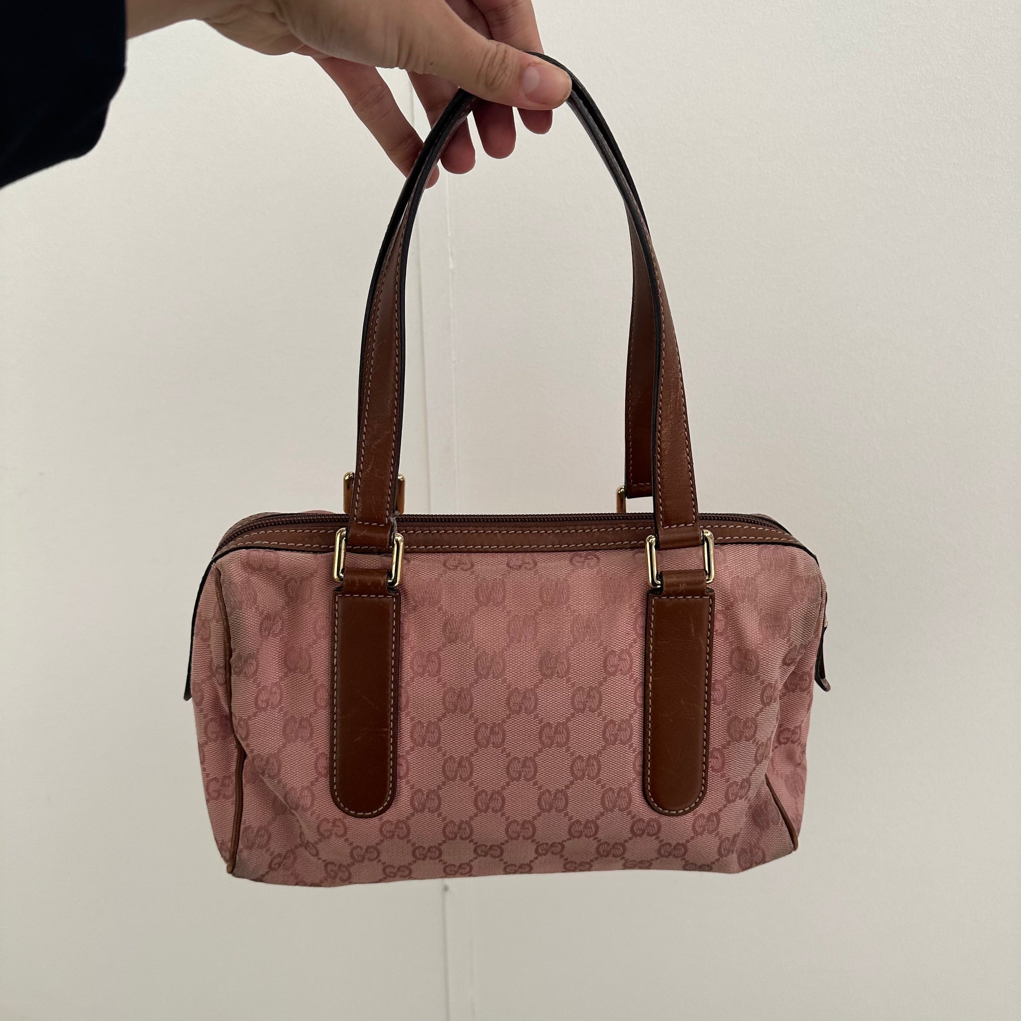 Gucci Pink / Brown GG Print Leather Strap Shoulder Bag