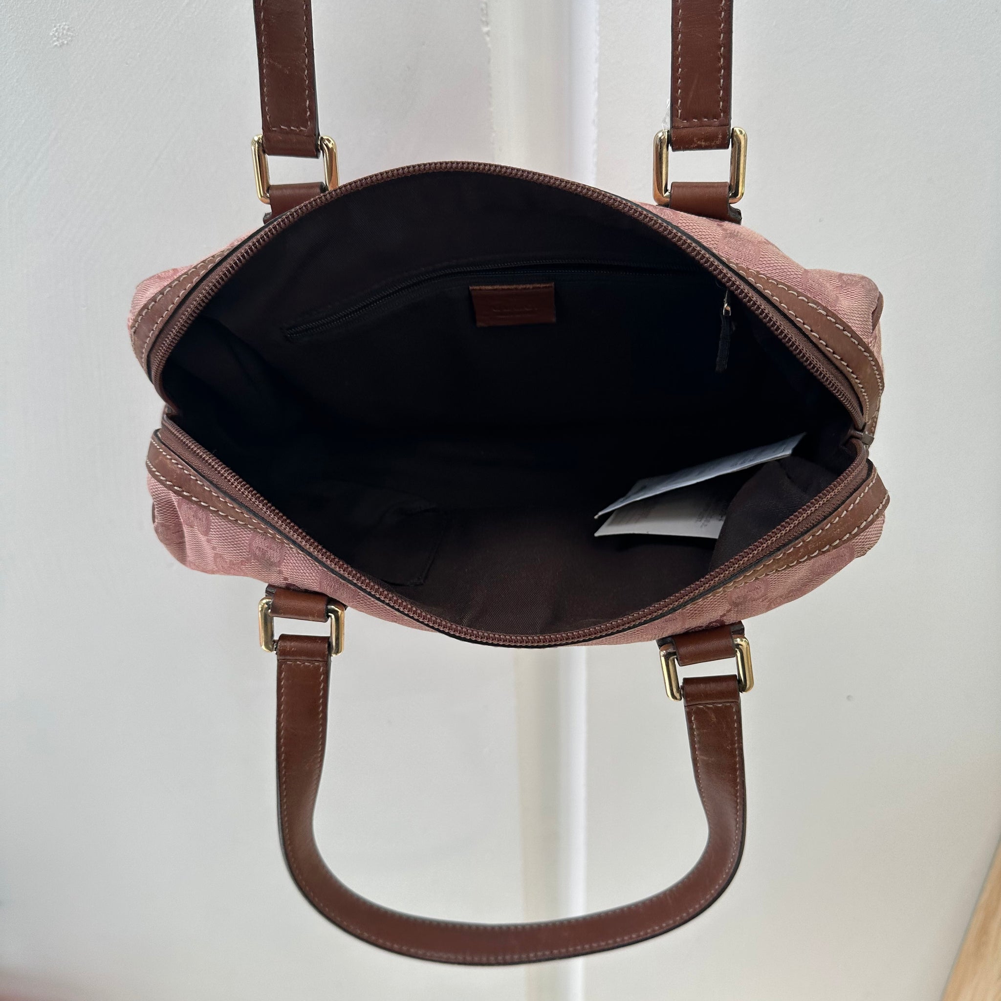 Gucci Pink / Brown GG Print Leather Strap Shoulder Bag