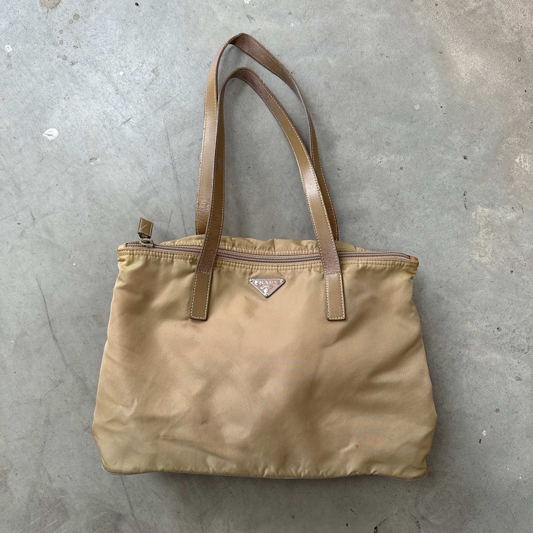 Prada Leather Strap Beige Tote Bag