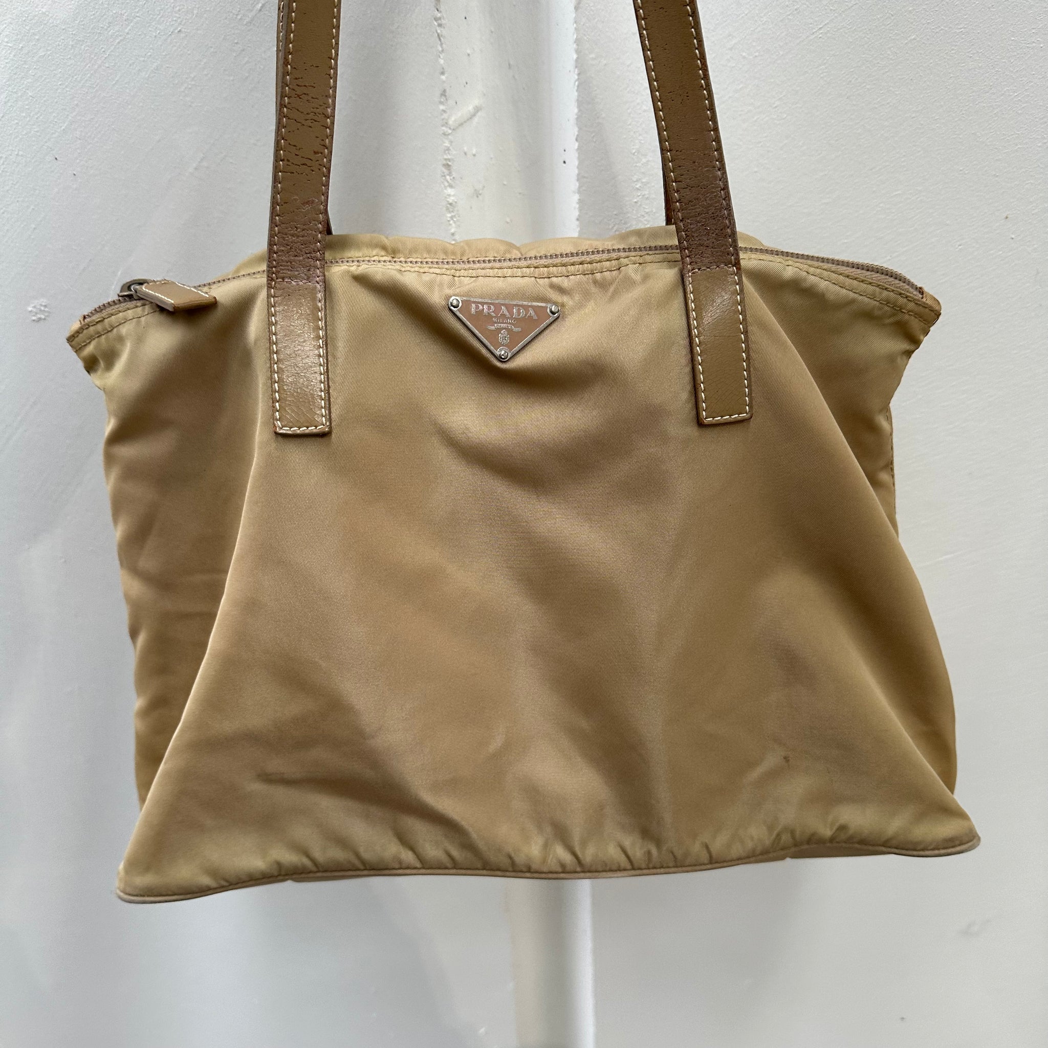 Prada Leather Strap Beige Tote Bag