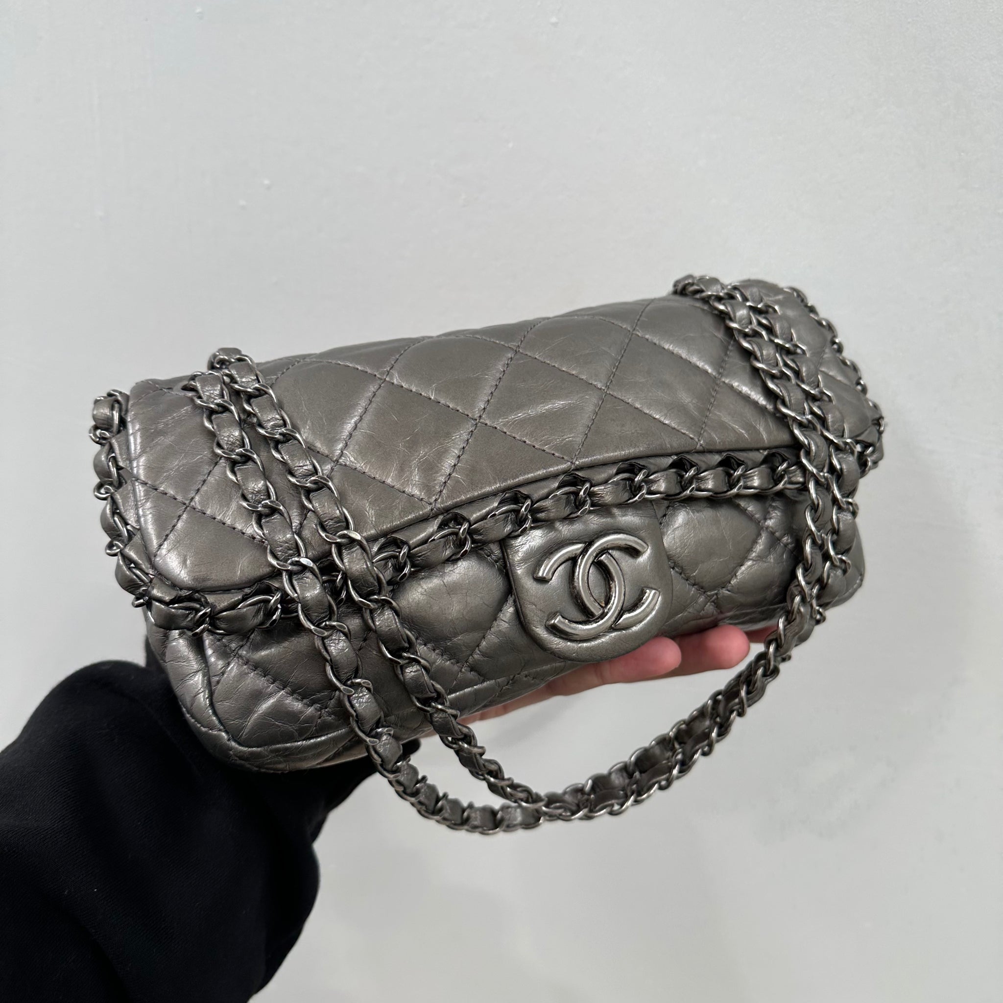 Chanel Grey Quilted Leather Chain Around Flap Bag
