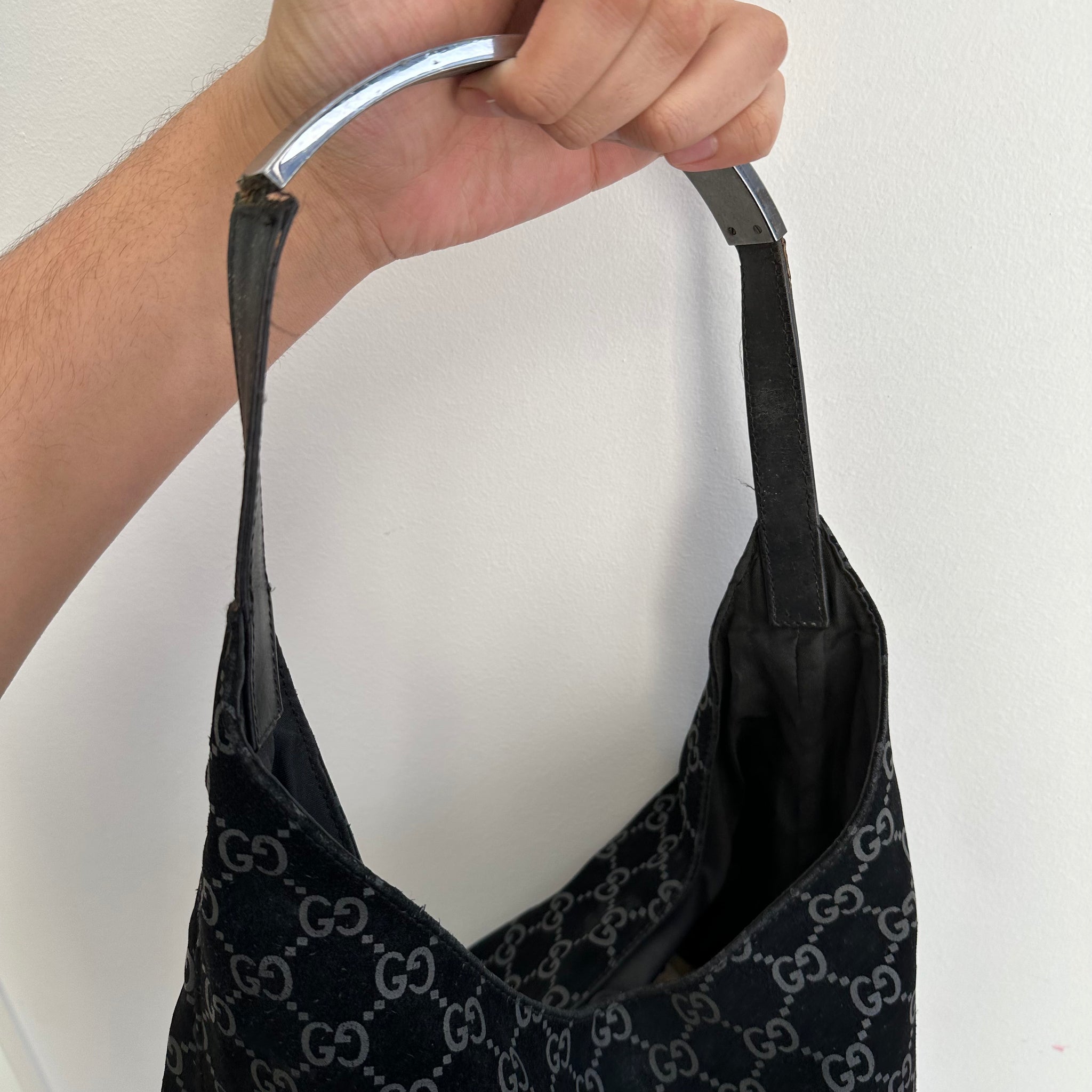 Gucci GG Canvas Hobo Style Shoulder Bag Suede