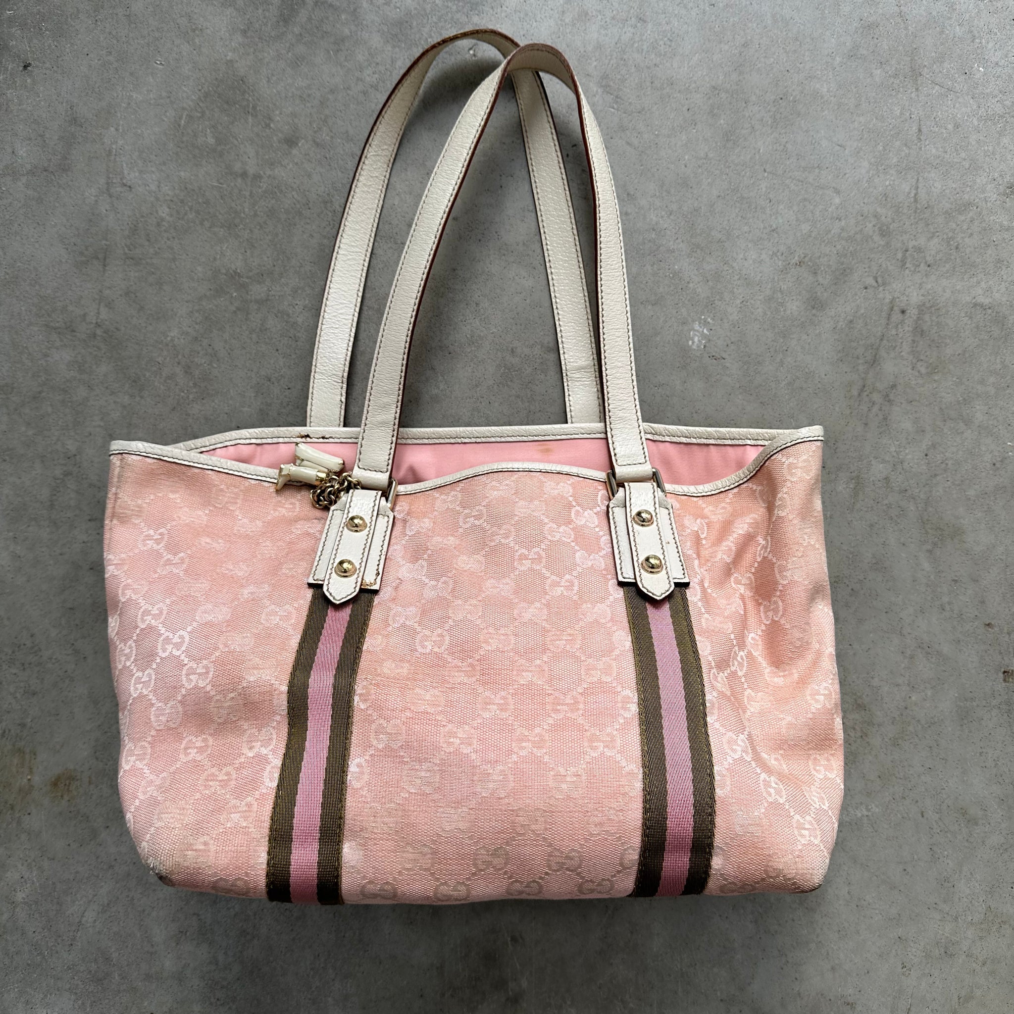 Gucci Stripe Cage Hand Bag Canvas Pink