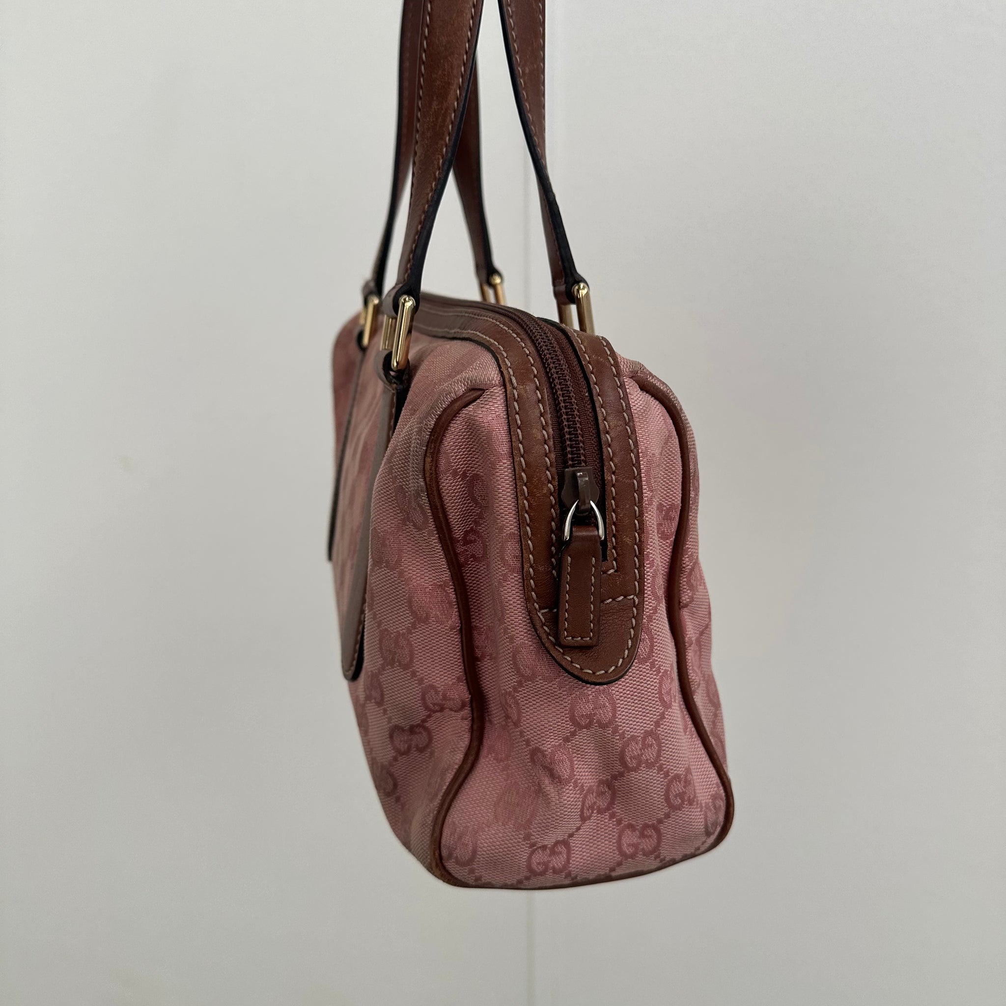 Gucci Pink / Brown GG Print Leather Strap Shoulder Bag