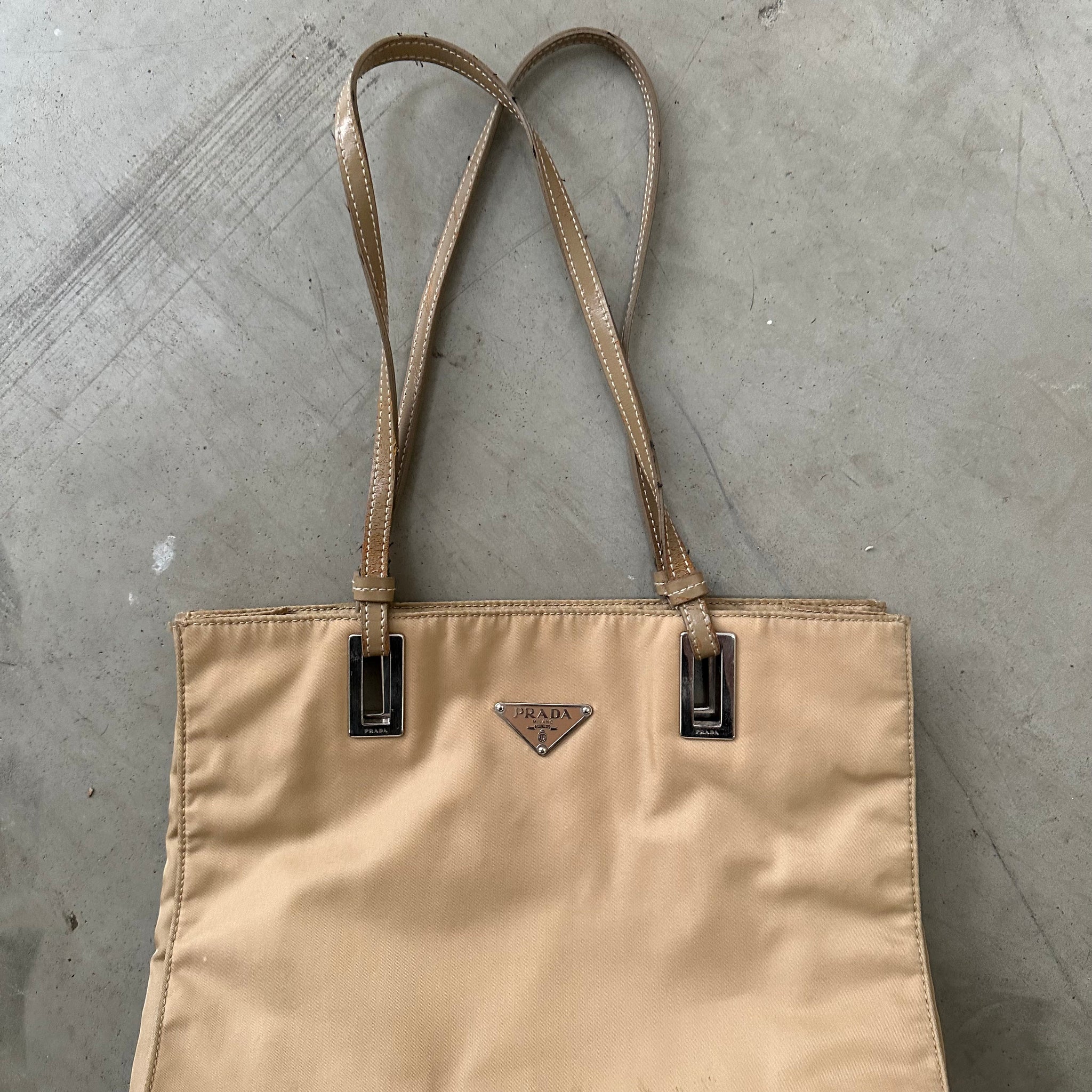 Prada Metal Detail Tote Bag Nylon Beige