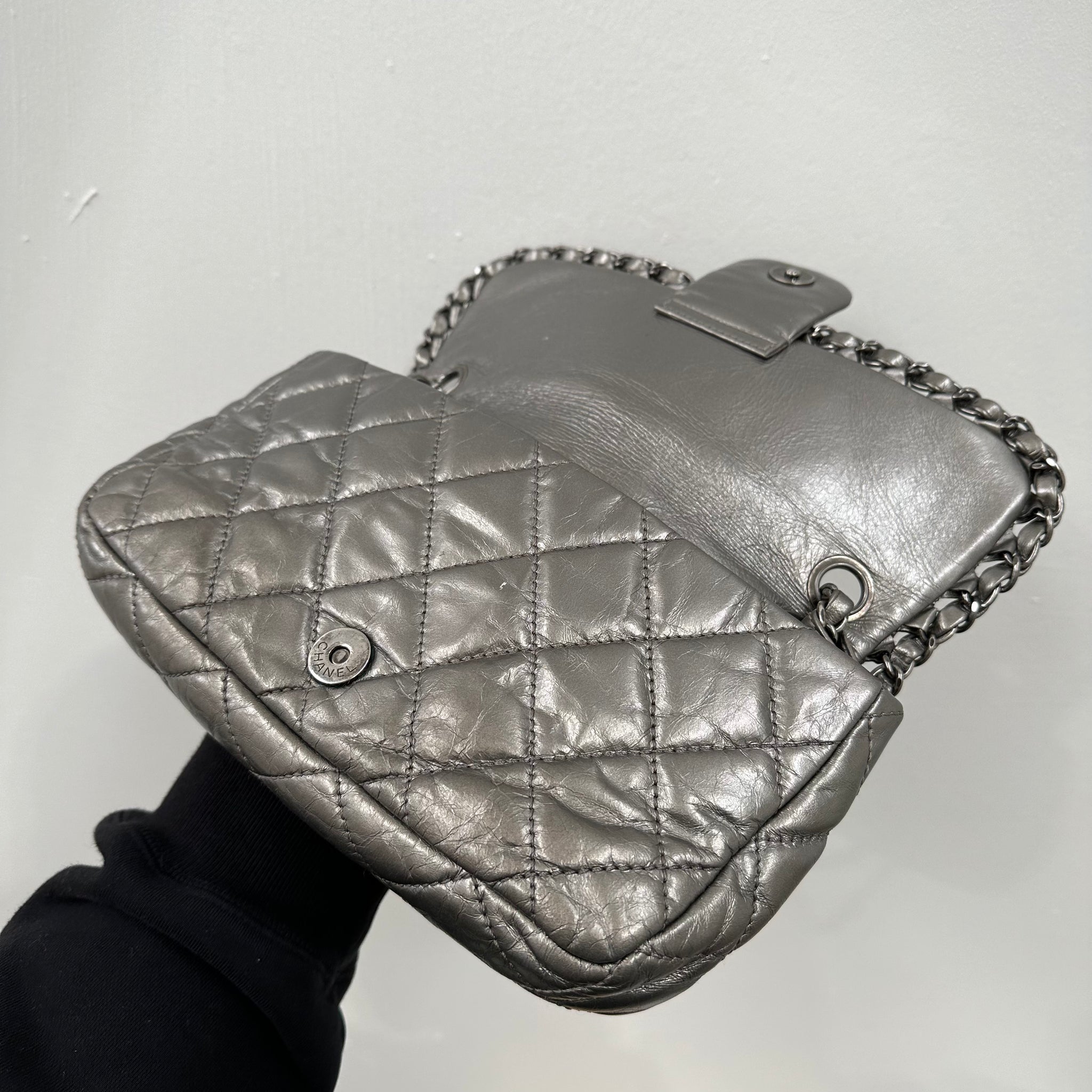 Chanel Grey Quilted Leather Chain Around Flap Bag