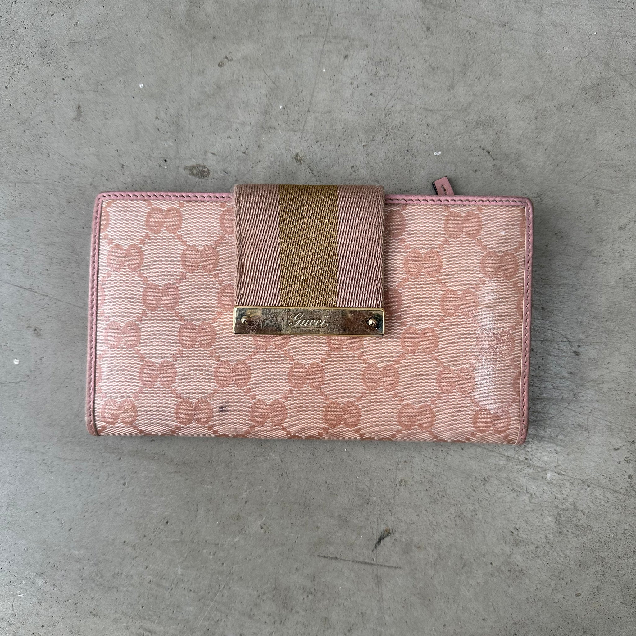 Gucci GG Logo Pink Canvas Leather Long Bifold Wallet