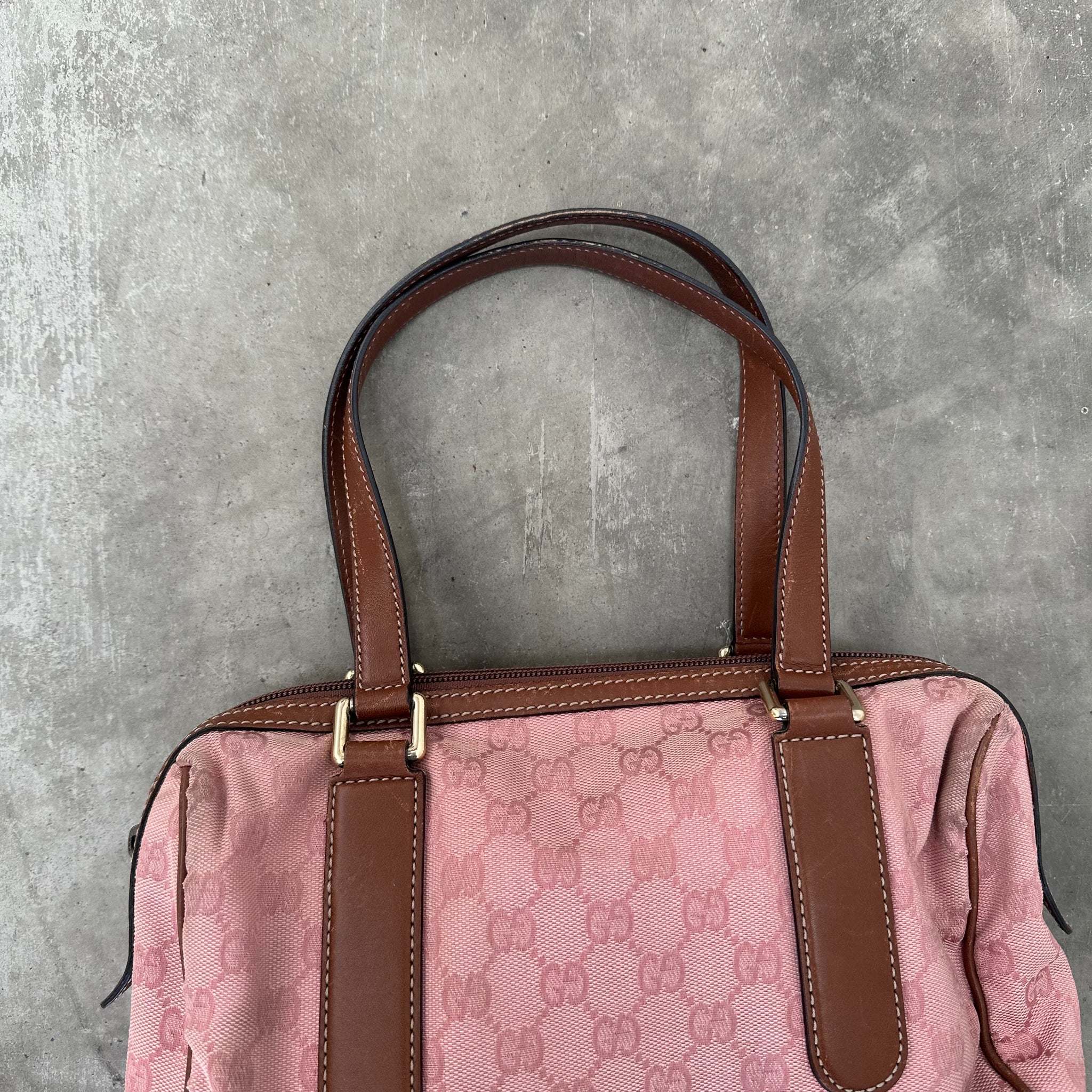 Gucci Pink / Brown GG Print Leather Strap Shoulder Bag