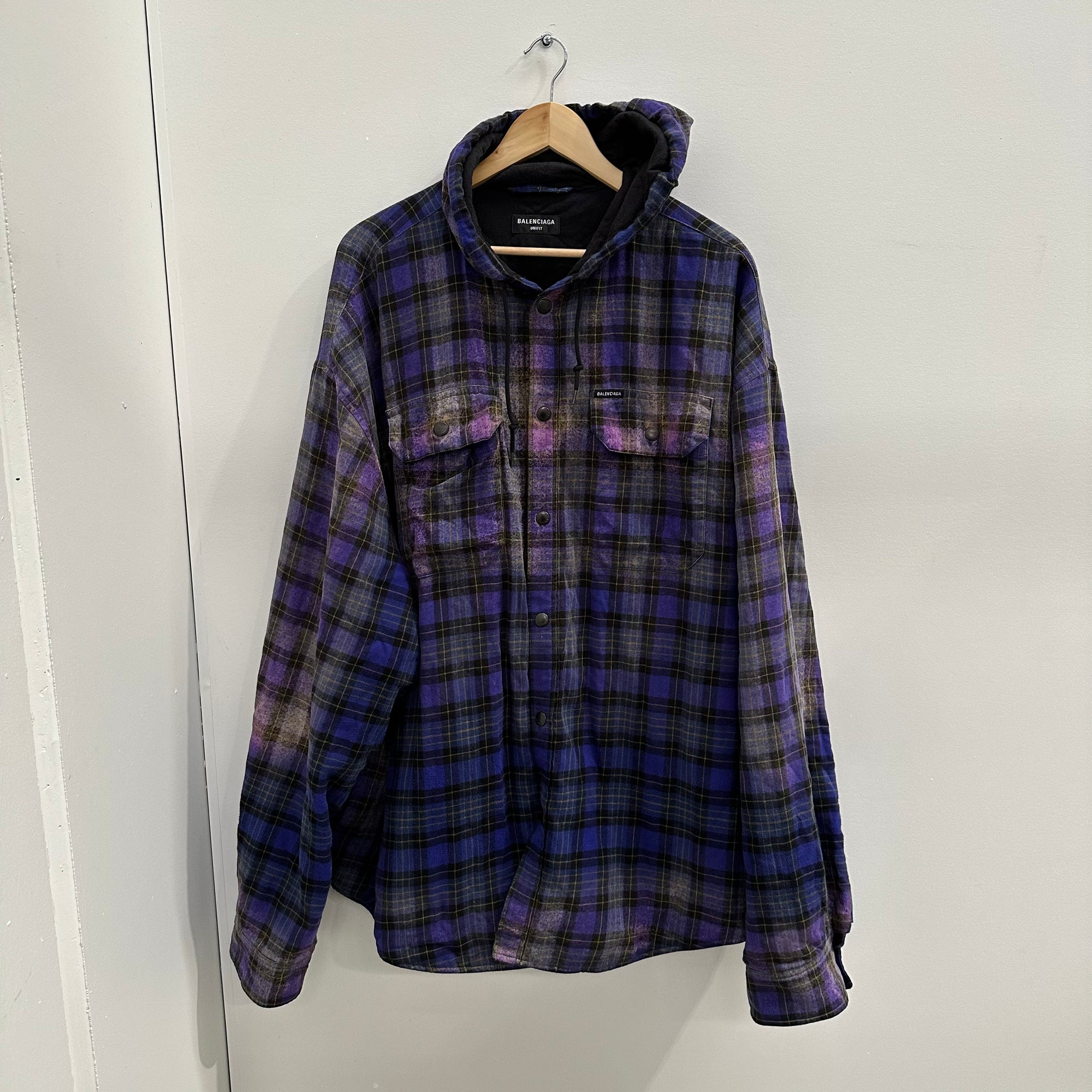 Balenciaga Oversized Bleached Checked Cotton Flannel Hooded Jacket fits L XXL