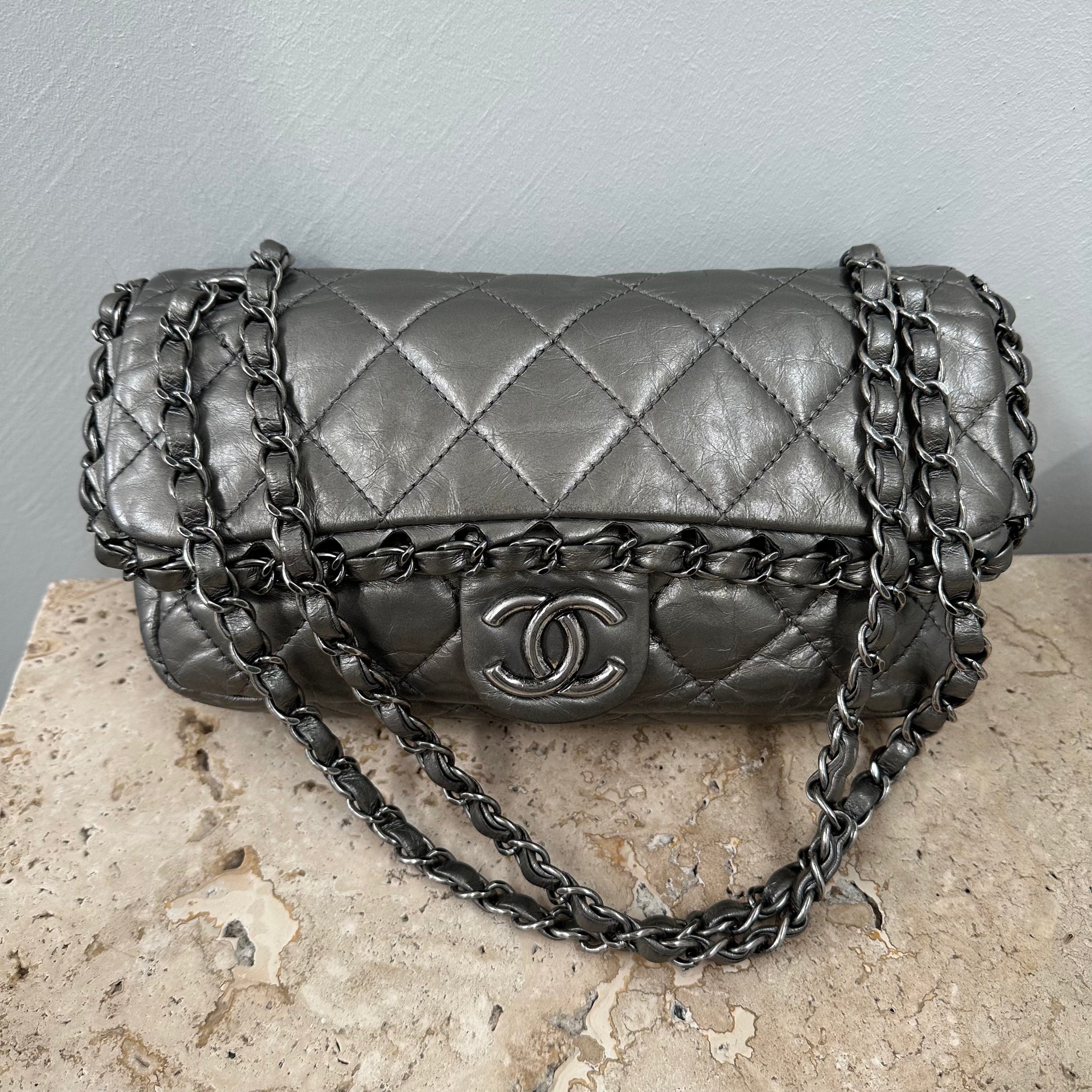 Chanel Grey Quilted Leather Chain Around Flap Bag