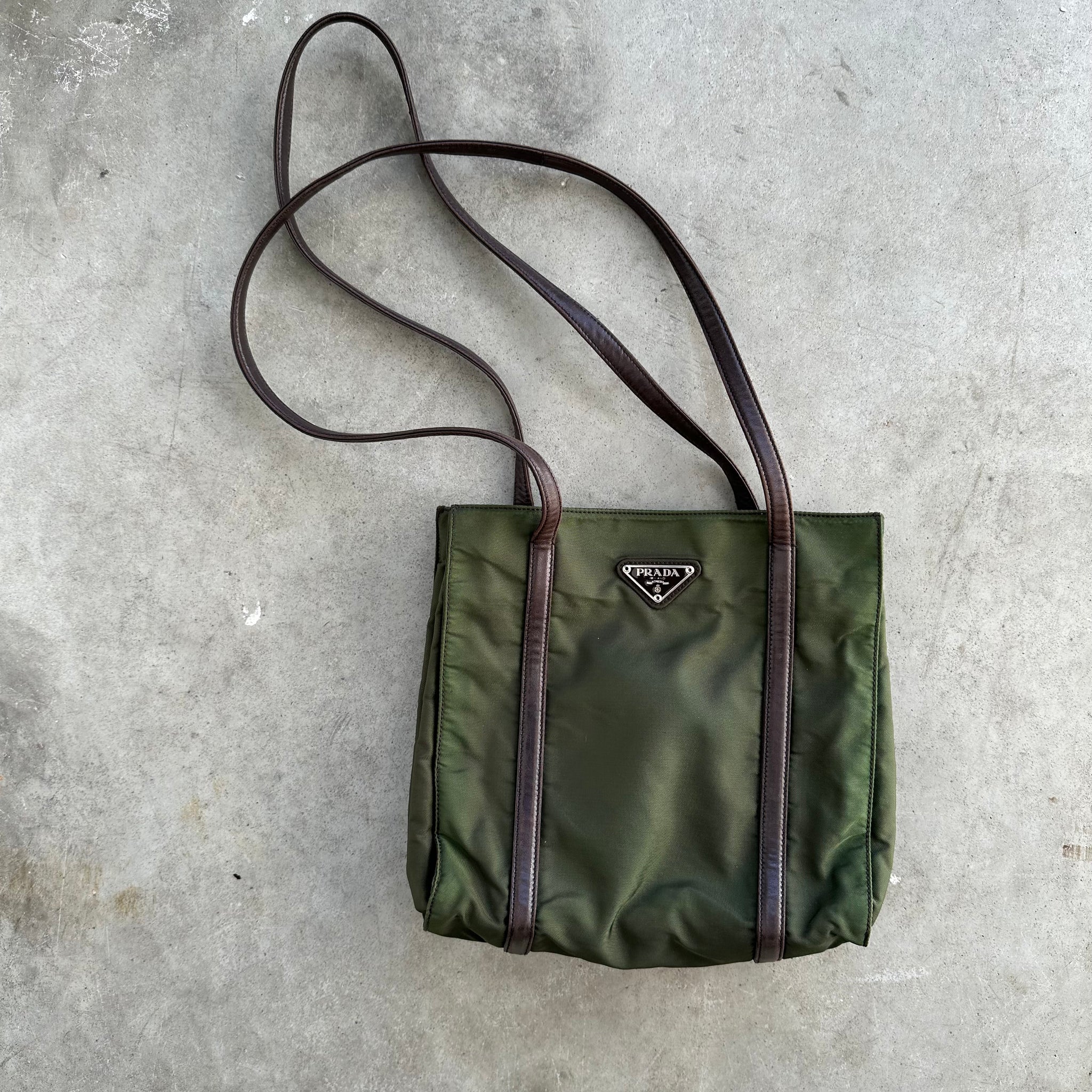 Prada Leather Strap Rectangle Tote Bag Nylon Khaki