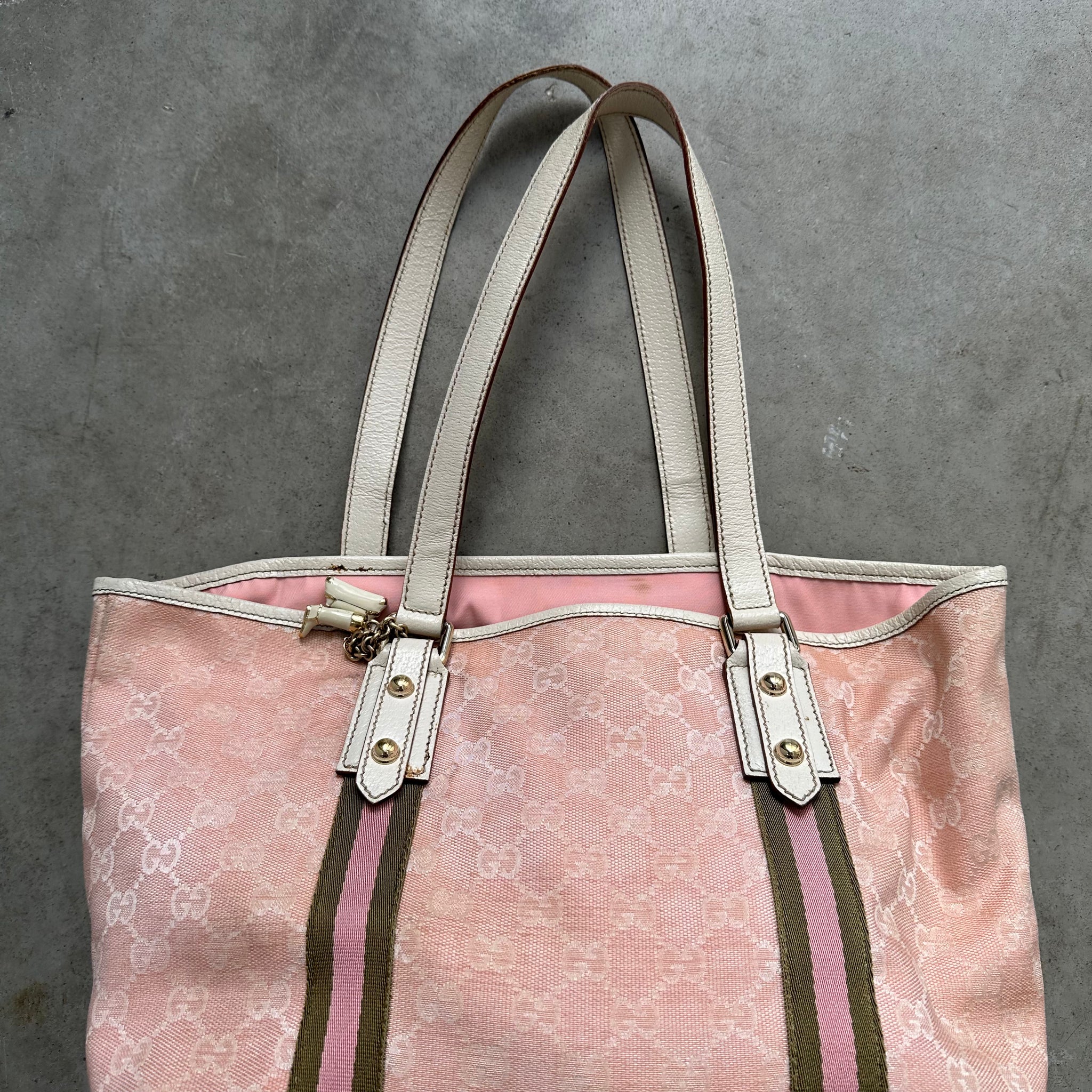 Gucci Stripe Cage Hand Bag Canvas Pink