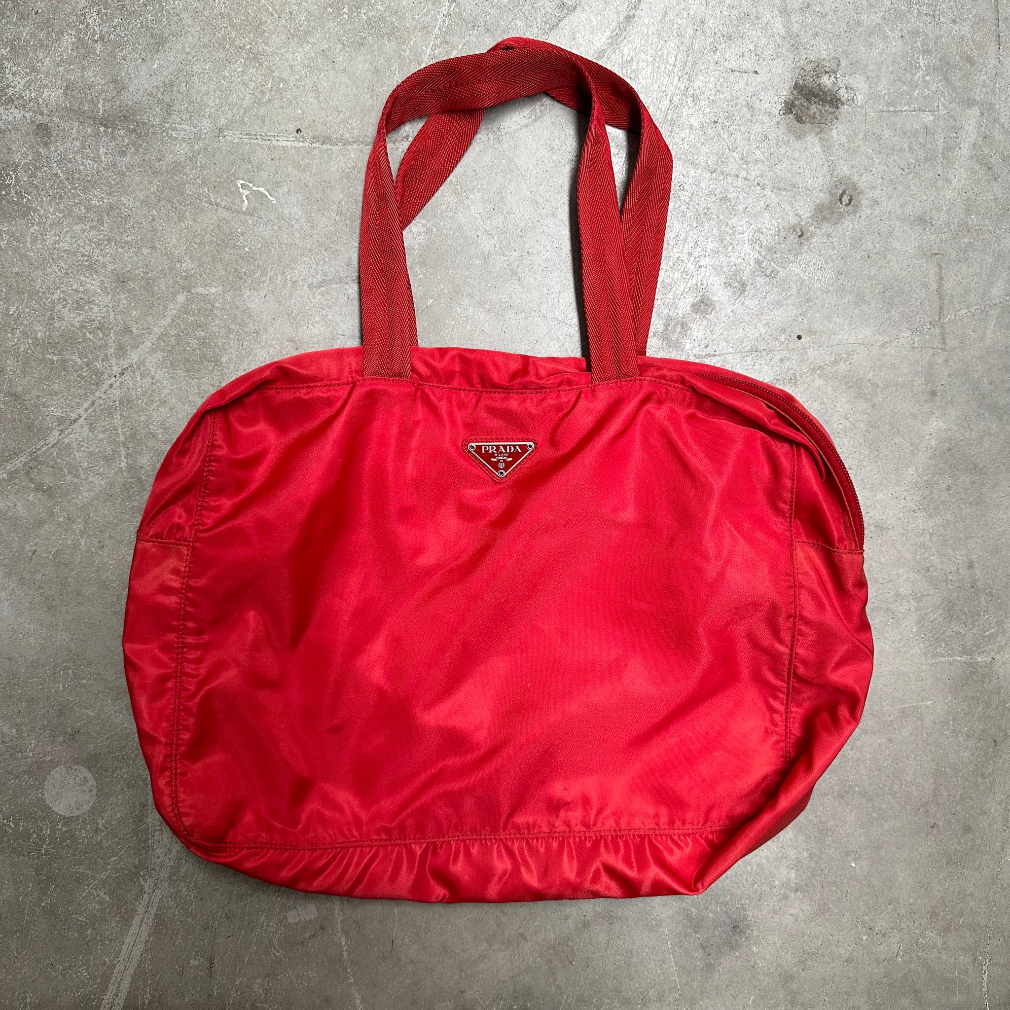 Prada Red Long Strap Zip Around Tote Bag