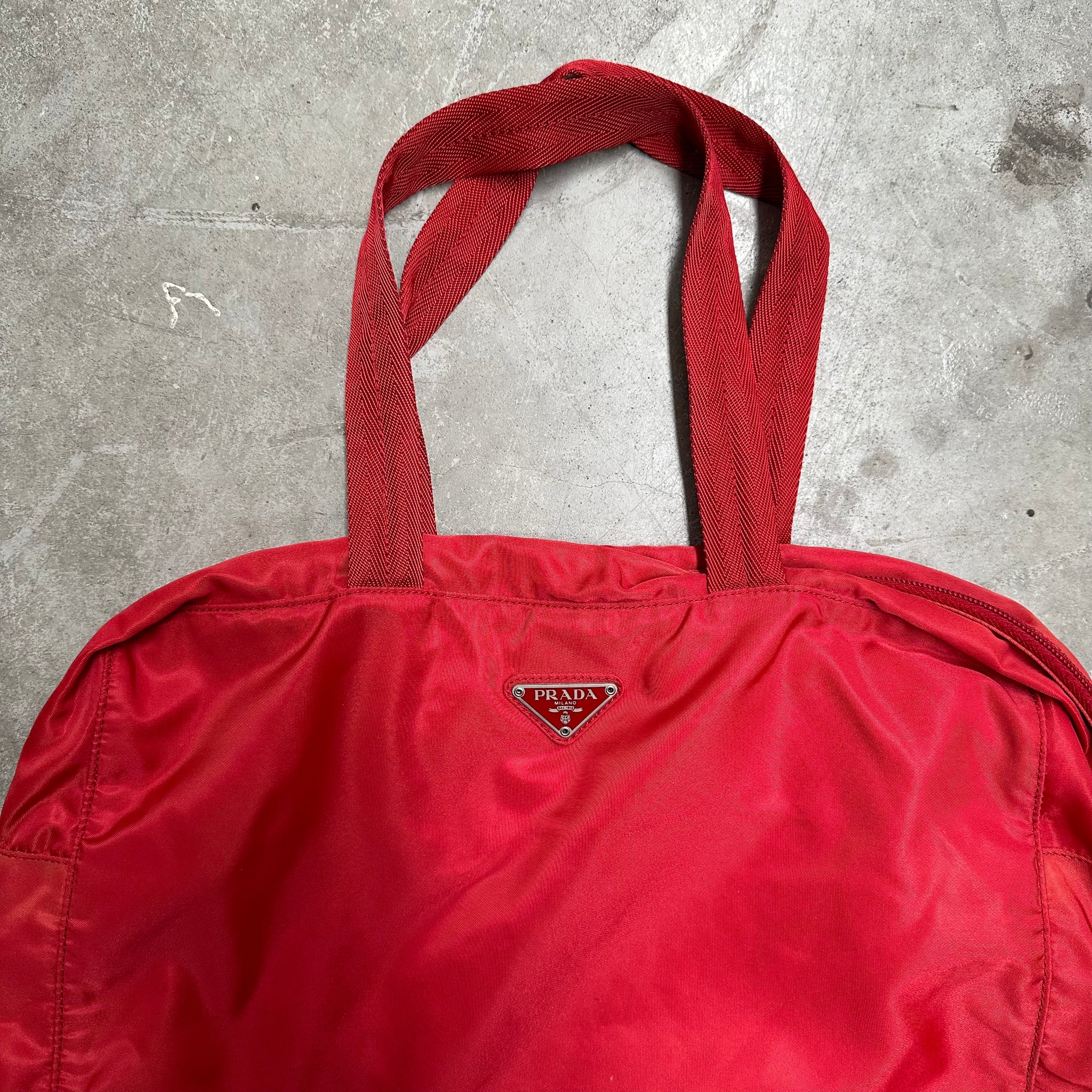 Prada Red Long Strap Zip Around Tote Bag