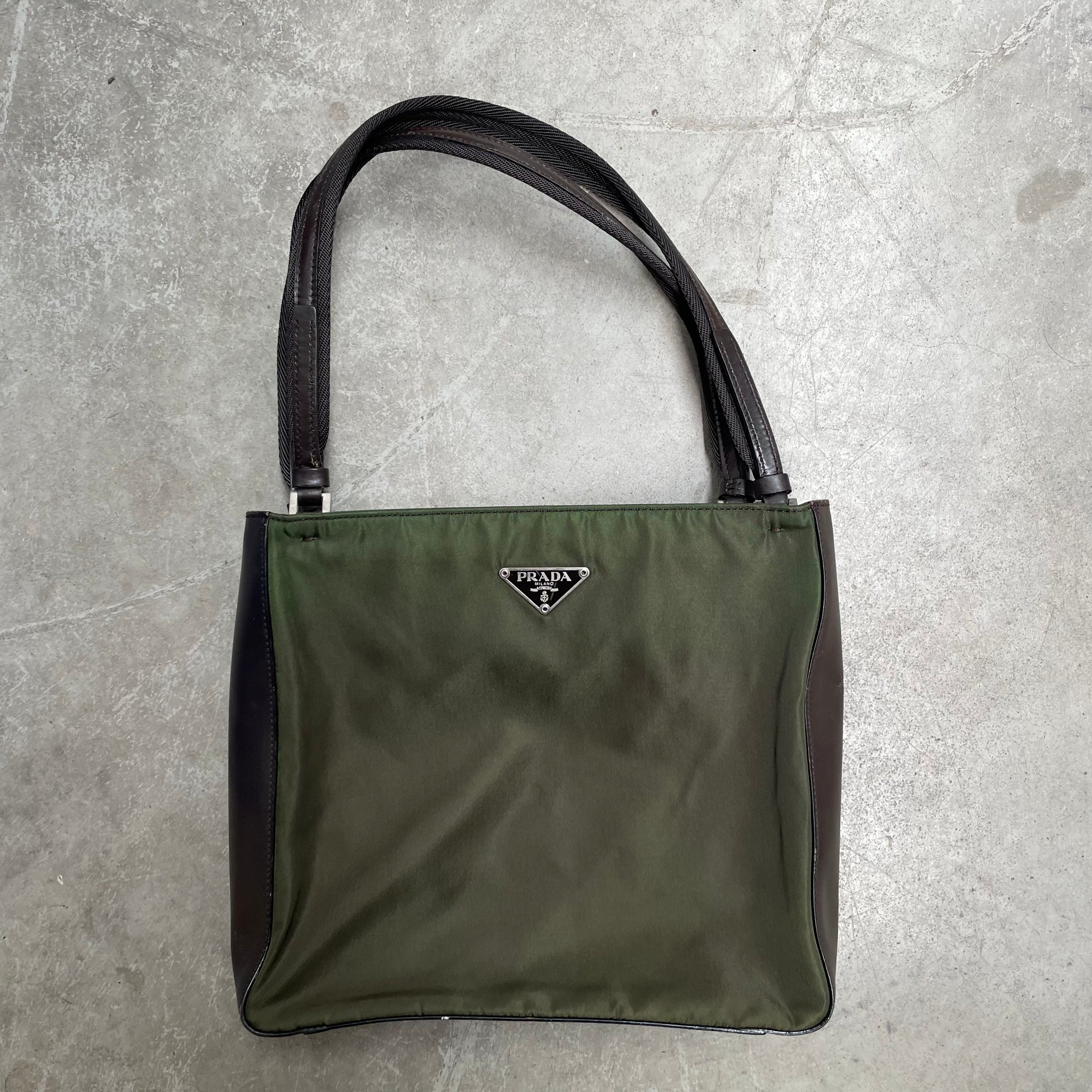 Prada Double Strap Leather Side Tote Bag Nylon Green