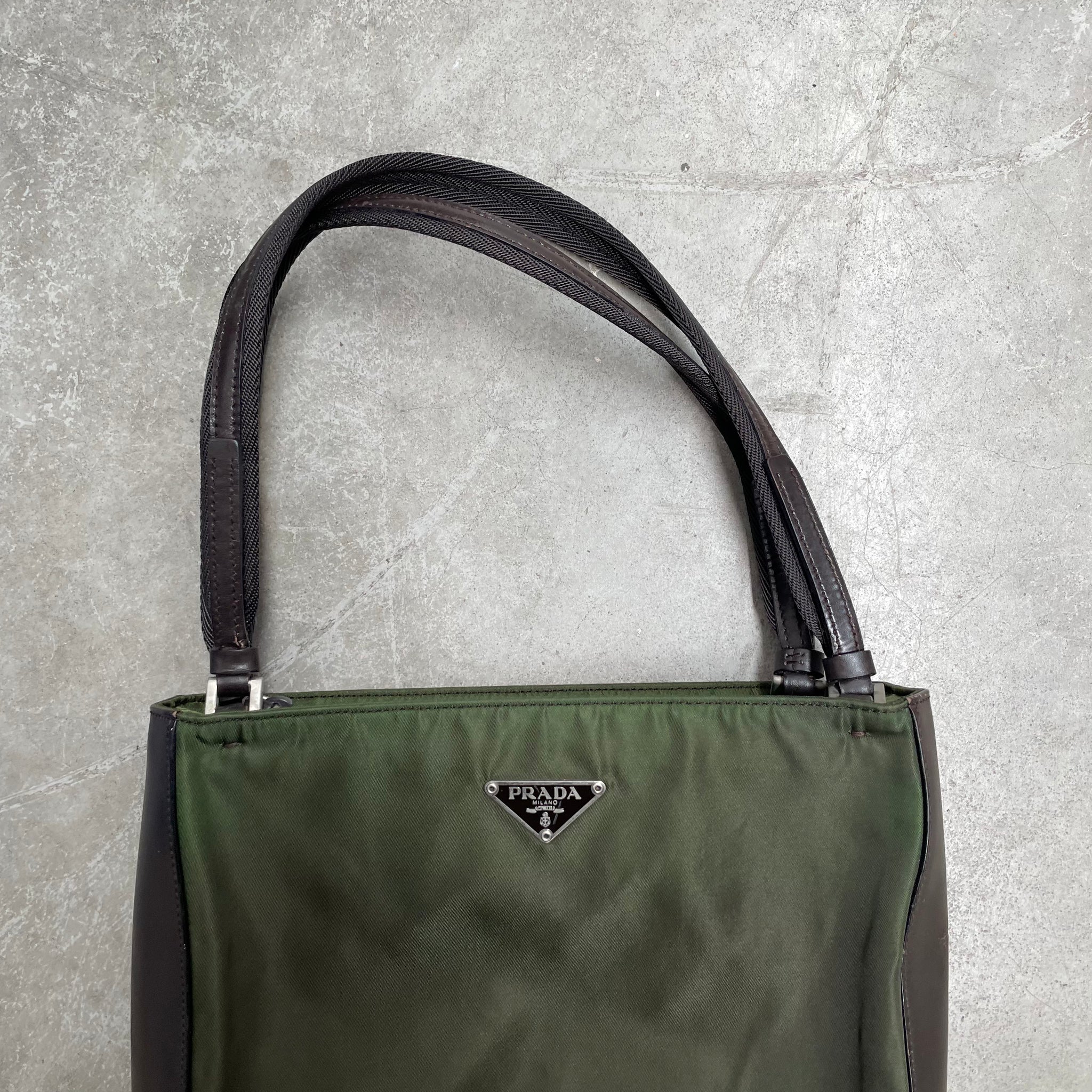 Prada Double Strap Leather Side Tote Bag Nylon Green