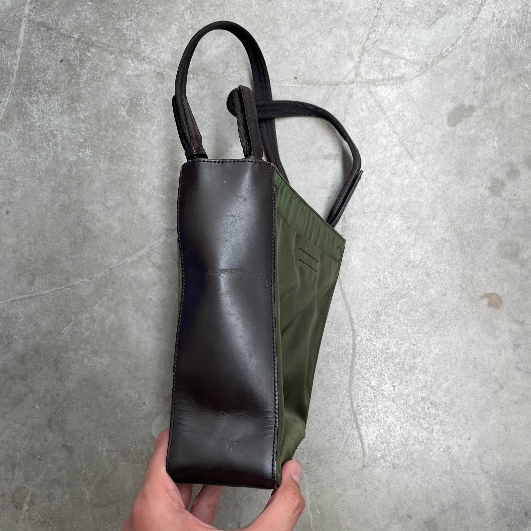 Prada Double Strap Leather Side Tote Bag Nylon Green