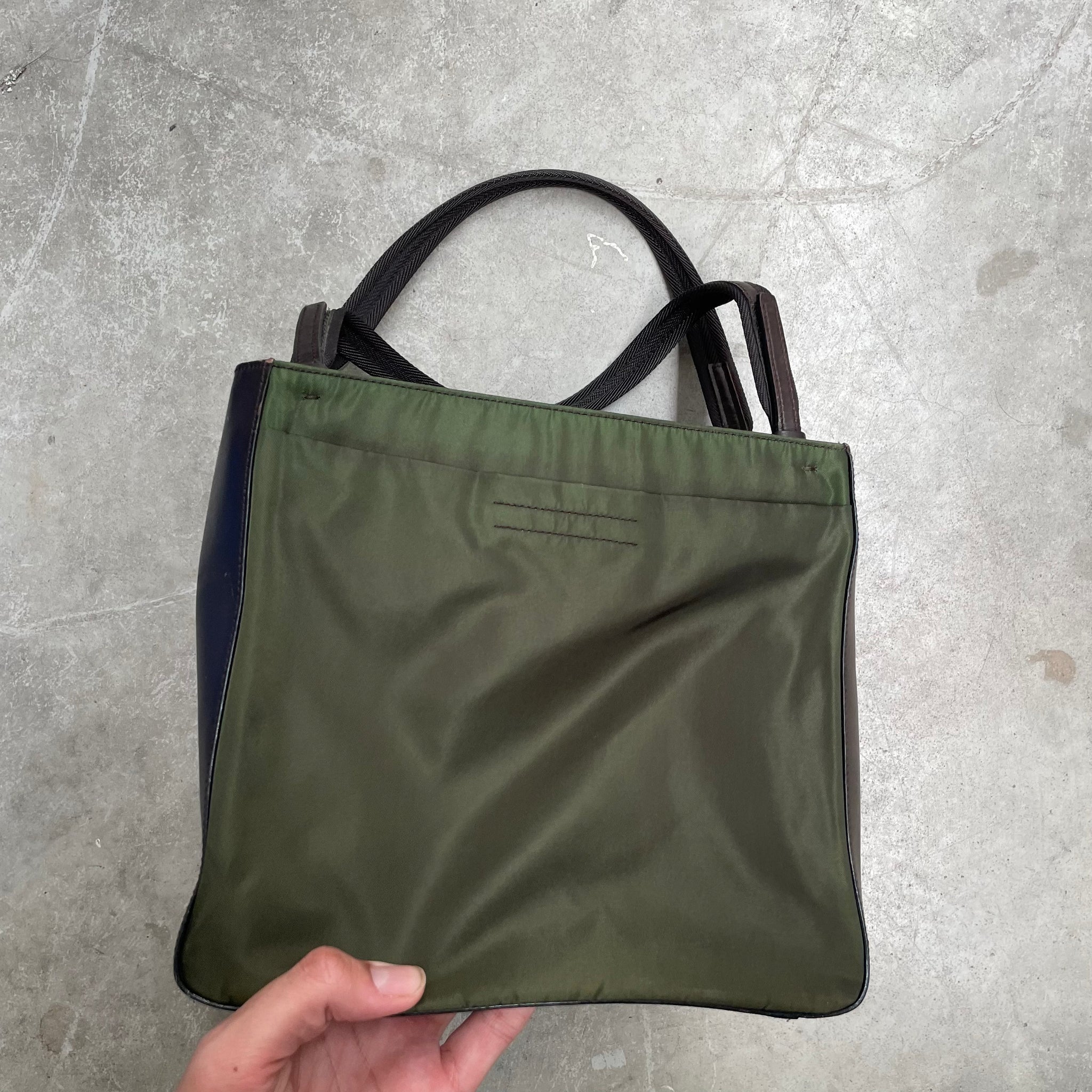 Prada Double Strap Leather Side Tote Bag Nylon Green