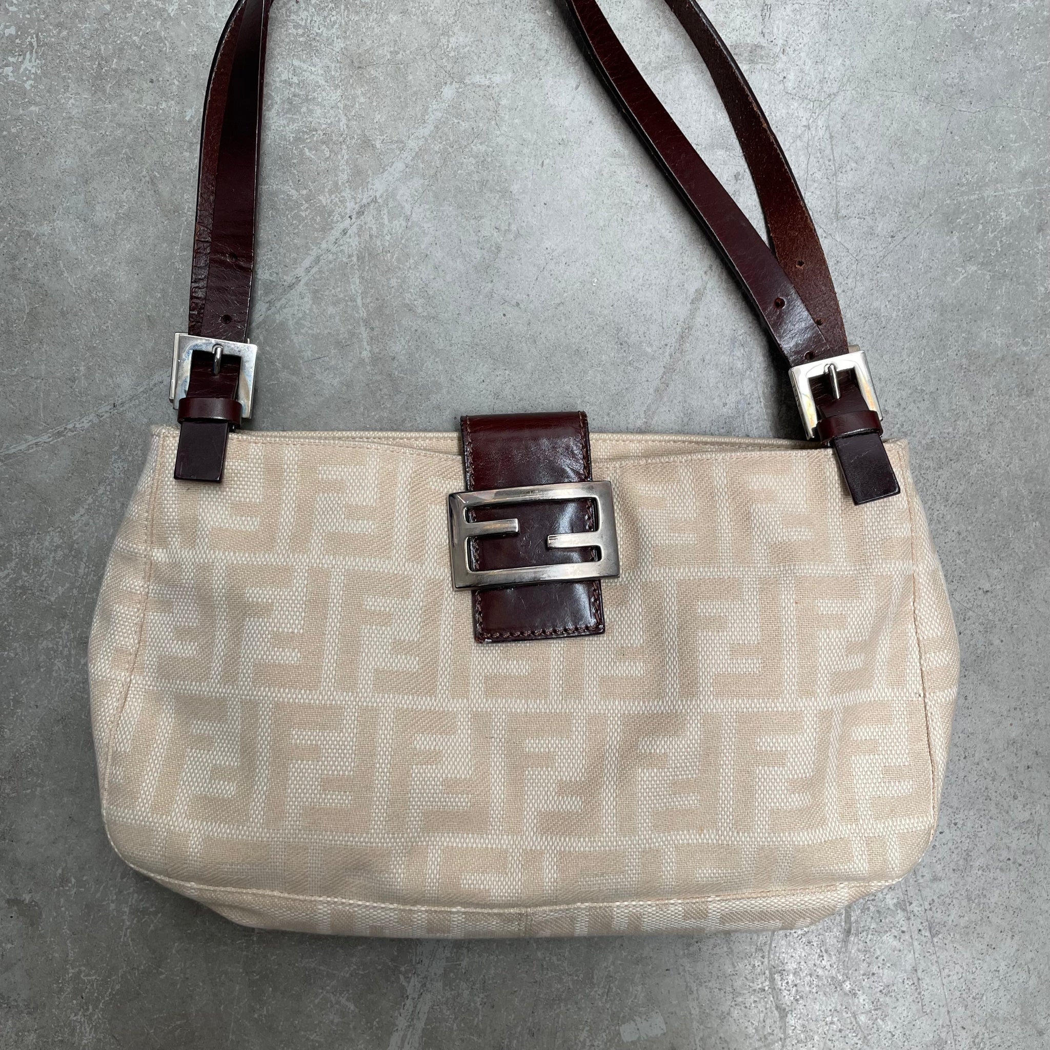 Fendi Zucca Double Strap Baguette Canvas Bag Beige