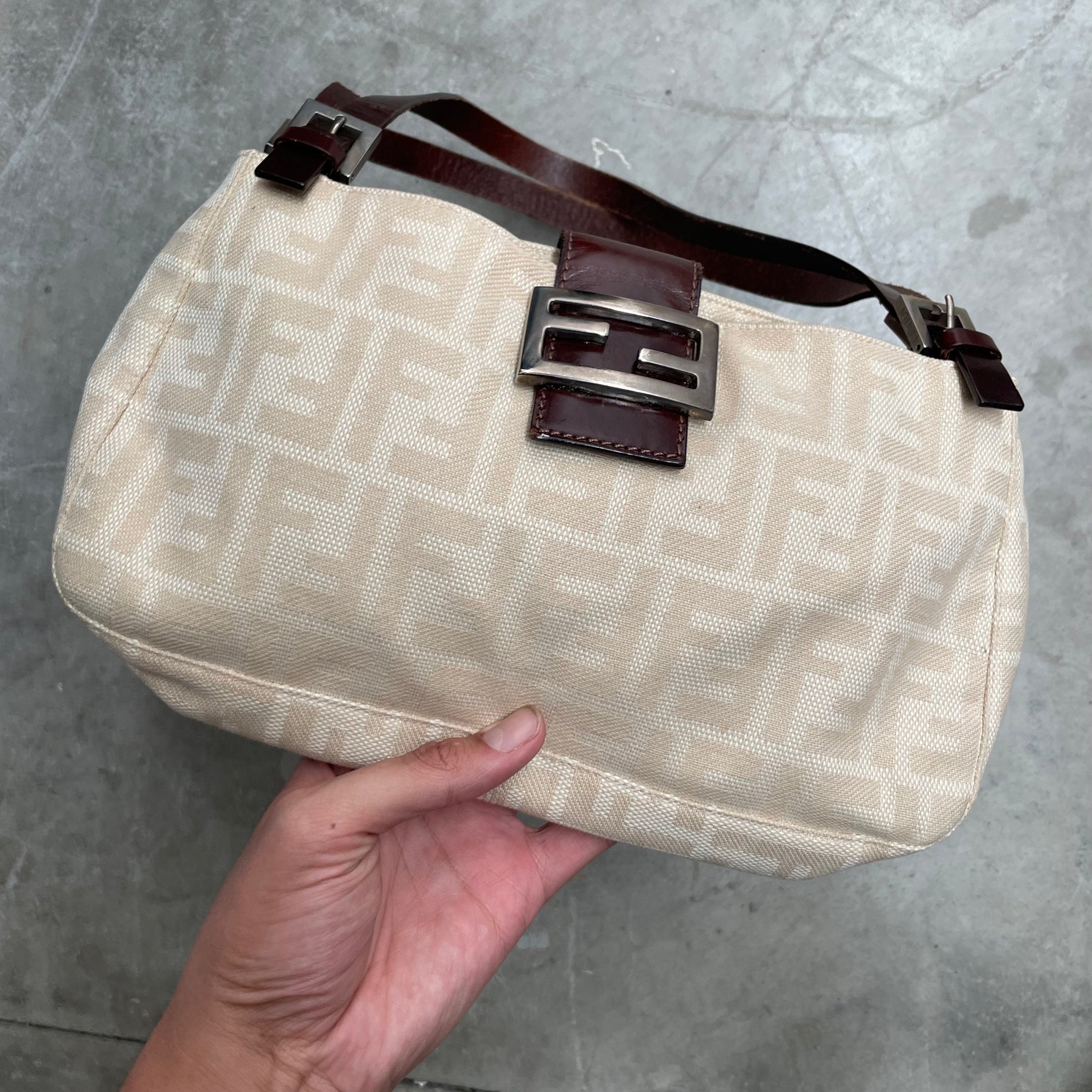 Fendi Zucca Double Strap Baguette Canvas Bag Beige